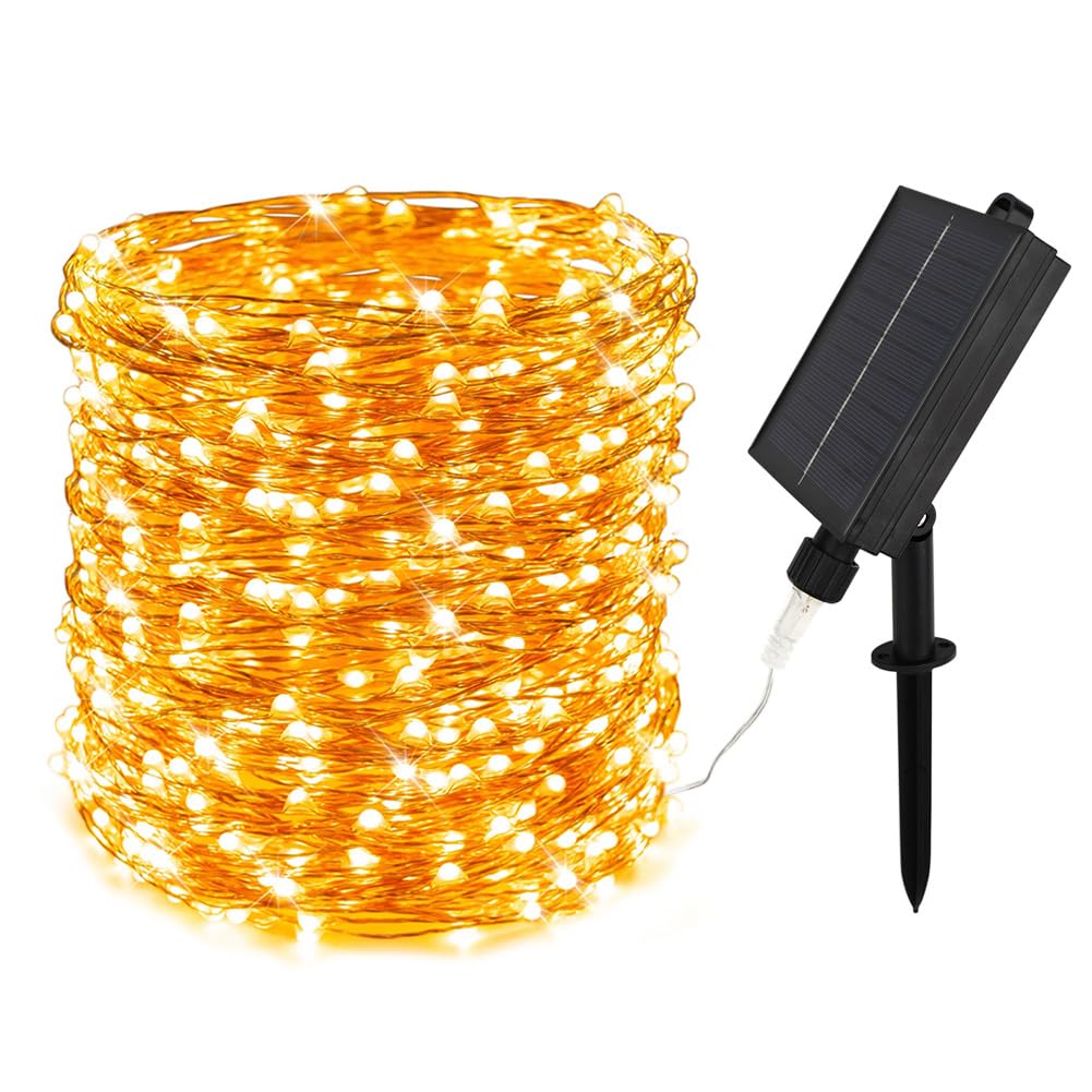 Zeluxdot Solar String Lights Outdoor,100Ft 300 Leds Solar Fairy Lights,Waterproof Solar Light For Outside 8 Modes Button Controlled For Patio Gardens Backyard Tree Wedding Christmas,Warm White