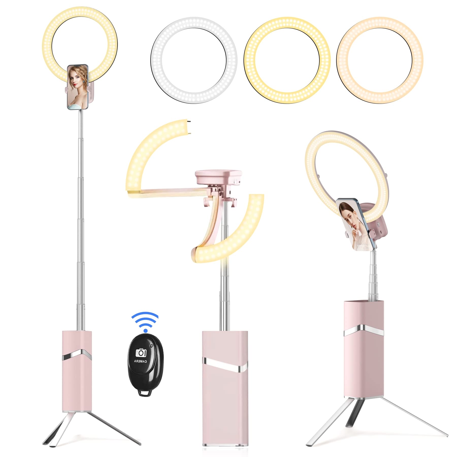 Iyesku 10" Selfie Ring Light With 76" Tripod Stand And Phone Holder, Portable Travel Led Tripod Ring Light Ringlights With Stand Cordless For Iphone Tiktok Makeup Video Recording, Pink