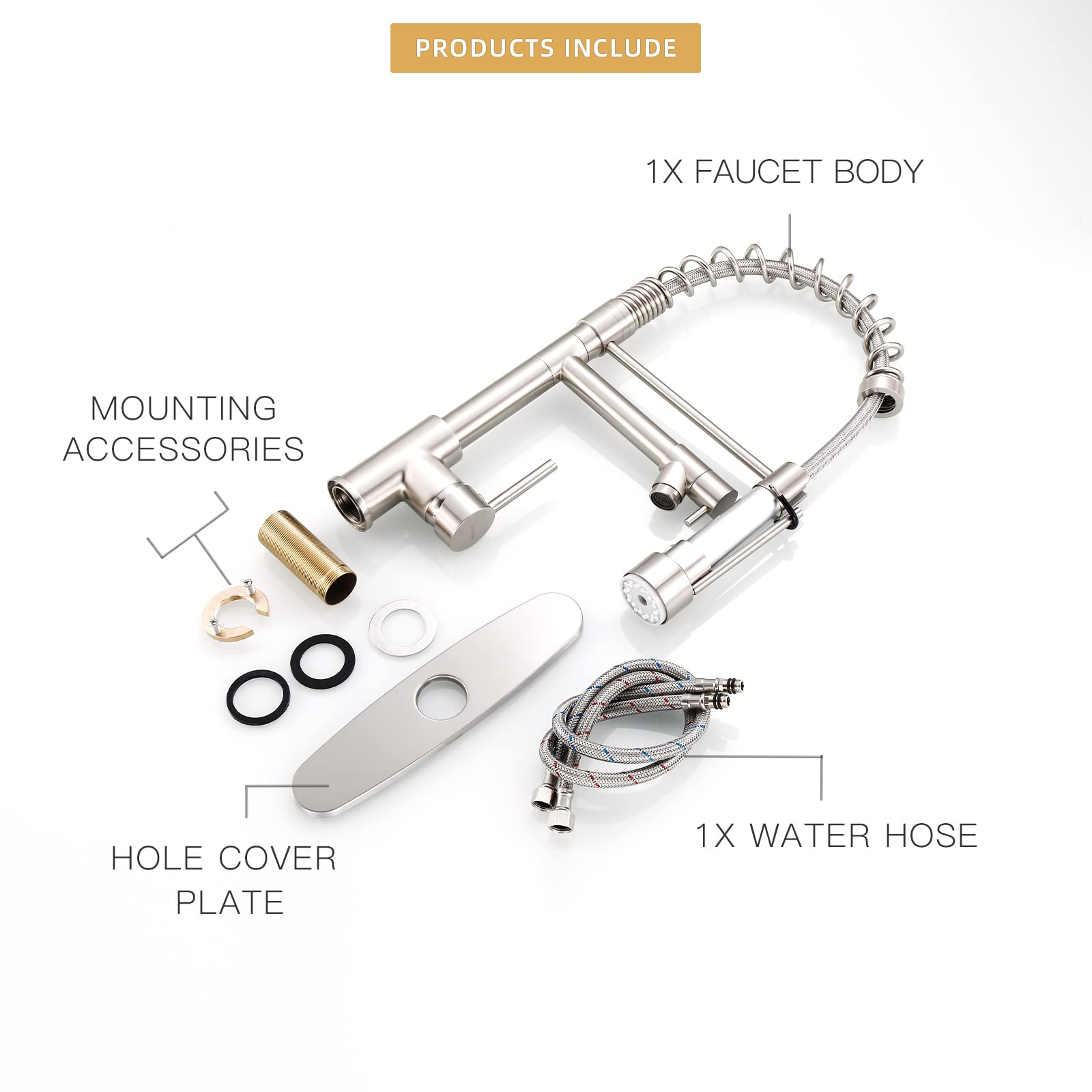 Geobella Kitchen Faucet With Pull Down Sprayer, Commercial Industrial Modern Single Handle Spring Copper Faucets For Kitchen Sink, Chrome