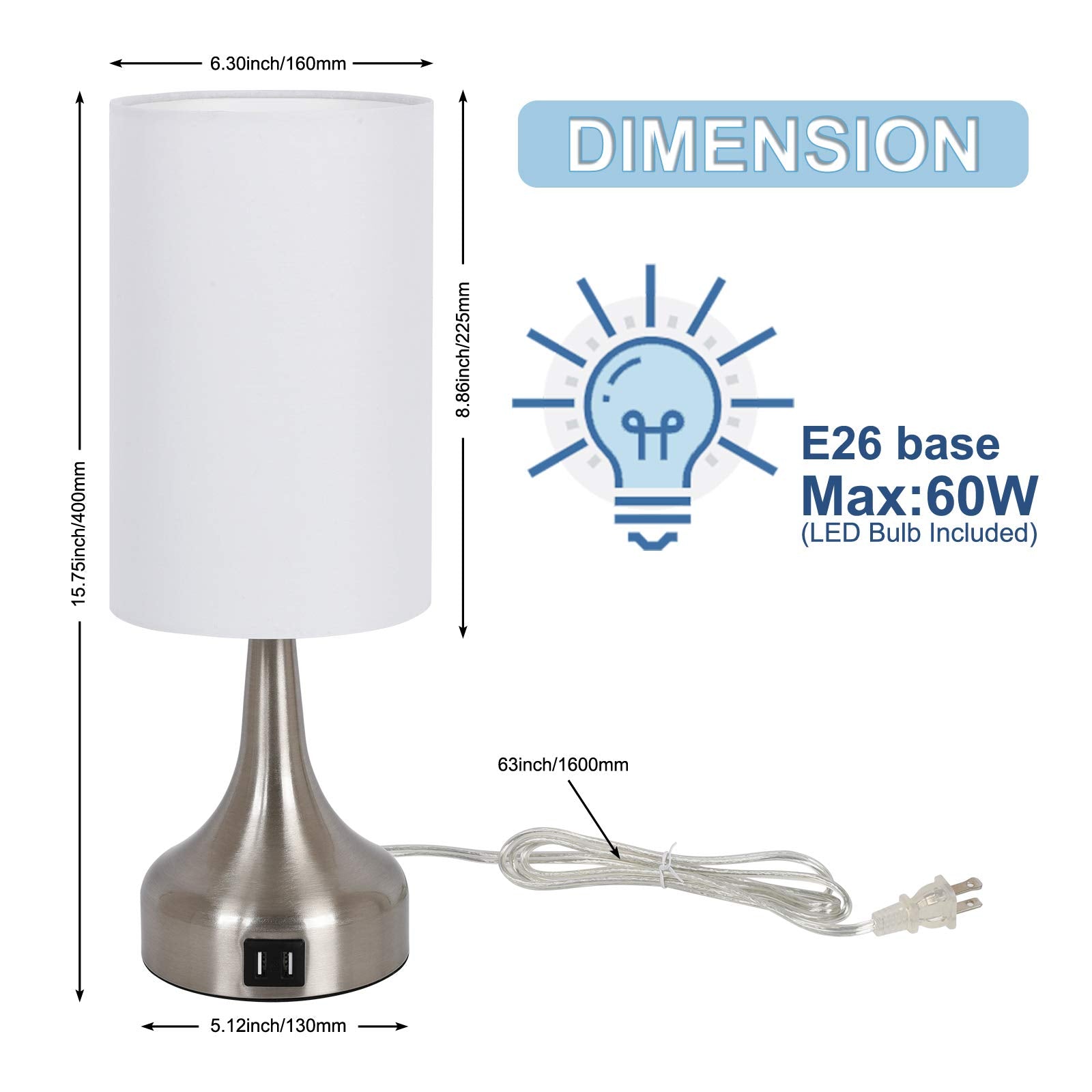 Yoxdalmk 3-Way Dimmable Touch Control Table Lamp Set Of 2, Modern Bedside Desk Lamp With Dual Usb Charging Ports, White Fabric Lampshade Nightstand Lamp For Bedroom, Living Room (Led Bulbs Included)¡­
