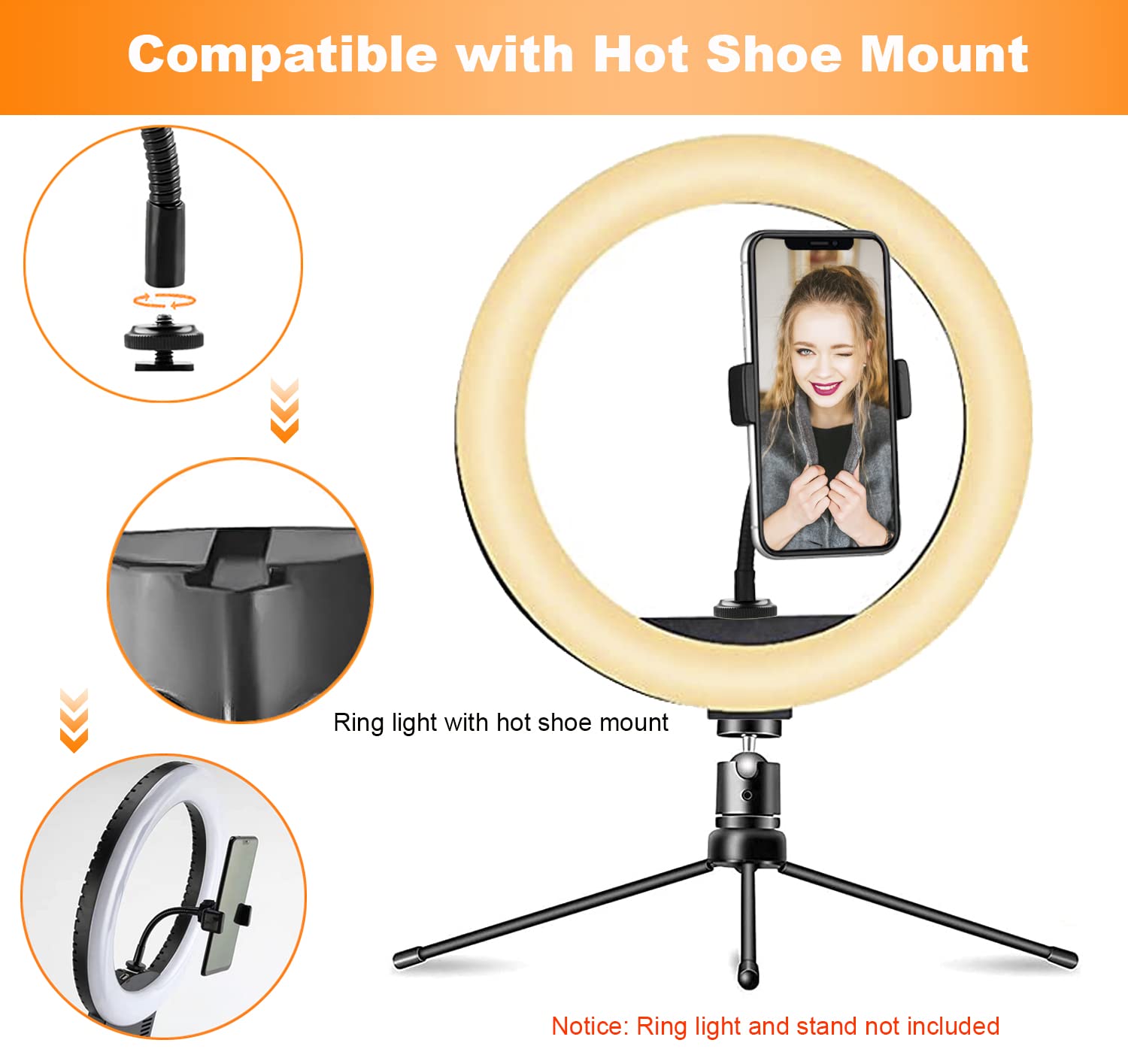 Jctriway Ring Light Phone Holder Universal Phone Holder For Ring Light With 1/4 And Hot Shoe Adapter, Flexible Phone Mount For Ringlight And Tripod Stand