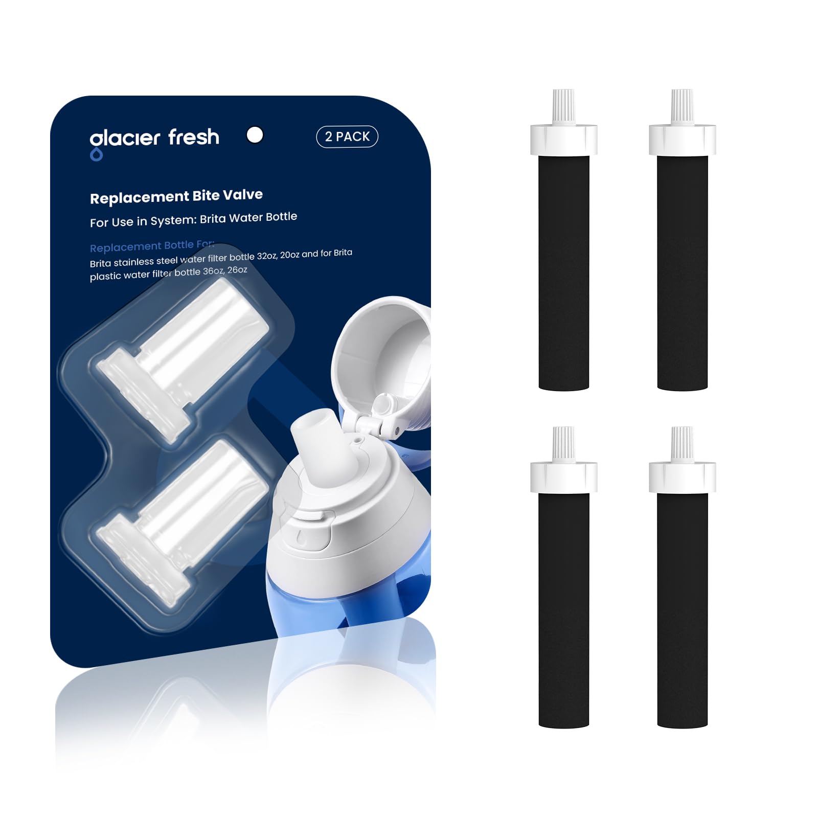 Glacier Fresh Water Bottle Filters & Mouthpiece Replacement, Replacement For Brita Bb06