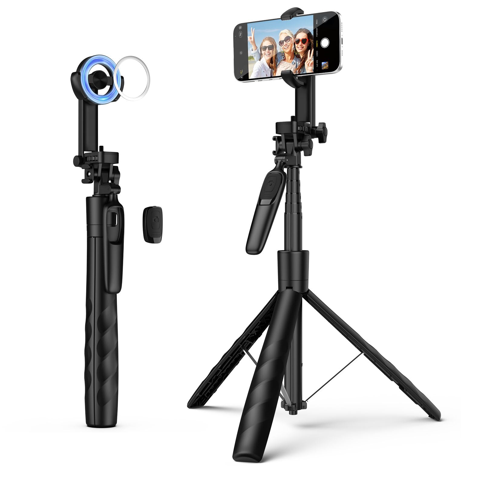 Moko 68" Magnetic Selfie Stick Compatible With Magsafe, Phone Tripod Stand With Remote For Iphone 16/Pro/Pro Max/Plus 15 14 13 12 And All Phones With Metal Ring, Fit For Selfie/Photo/Live/Vlog, Black