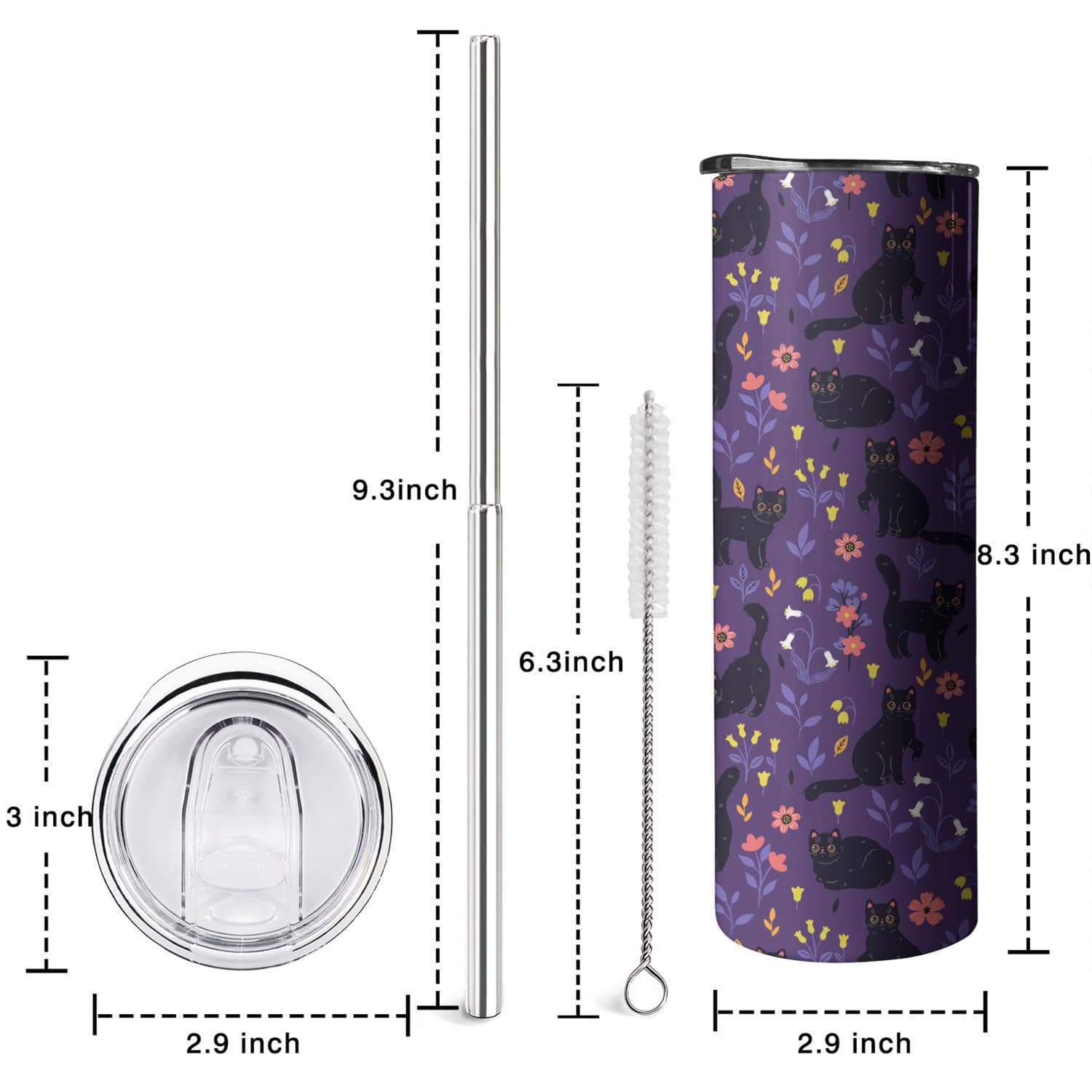 Cute Cat With Flower Tumbler With Handle And Straw, 20Oz Stainless Steel Insulated Cup