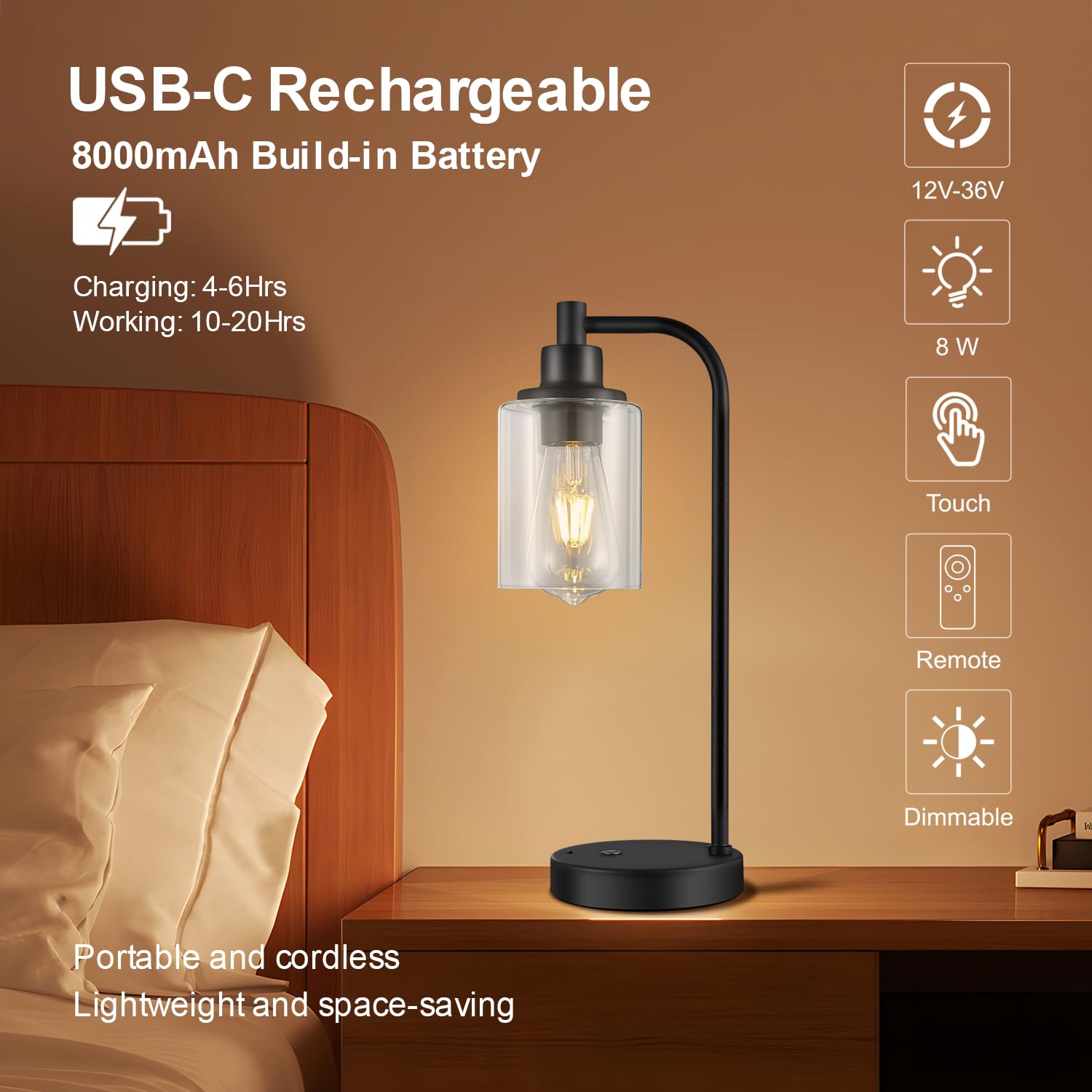 Linkenail Cordless Table Lamps Rechargeable, 8000Mah Battery Operated Table Lamp With Remote Control, Touch Dimmable Bedside Lamp, Portable Wireless Desk Lamp For Bedroom, Dining Room, Black, 2 Pack