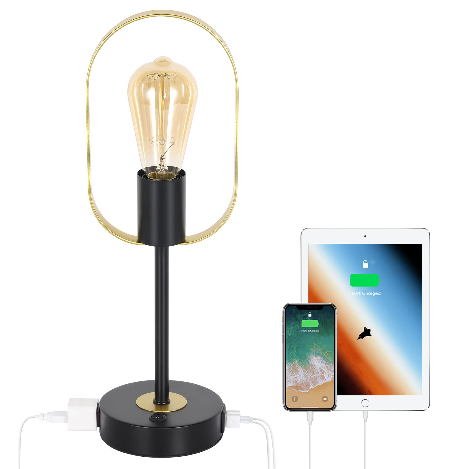 Nananardoso Industrial Metal Table Lamp, Vintage Desk Lamp With 2 Usb Ports And Ac Outlet, Nightstand Lamp With Gold Oval Shade For Bedrooms, Dining Room, Living Room, Cafe