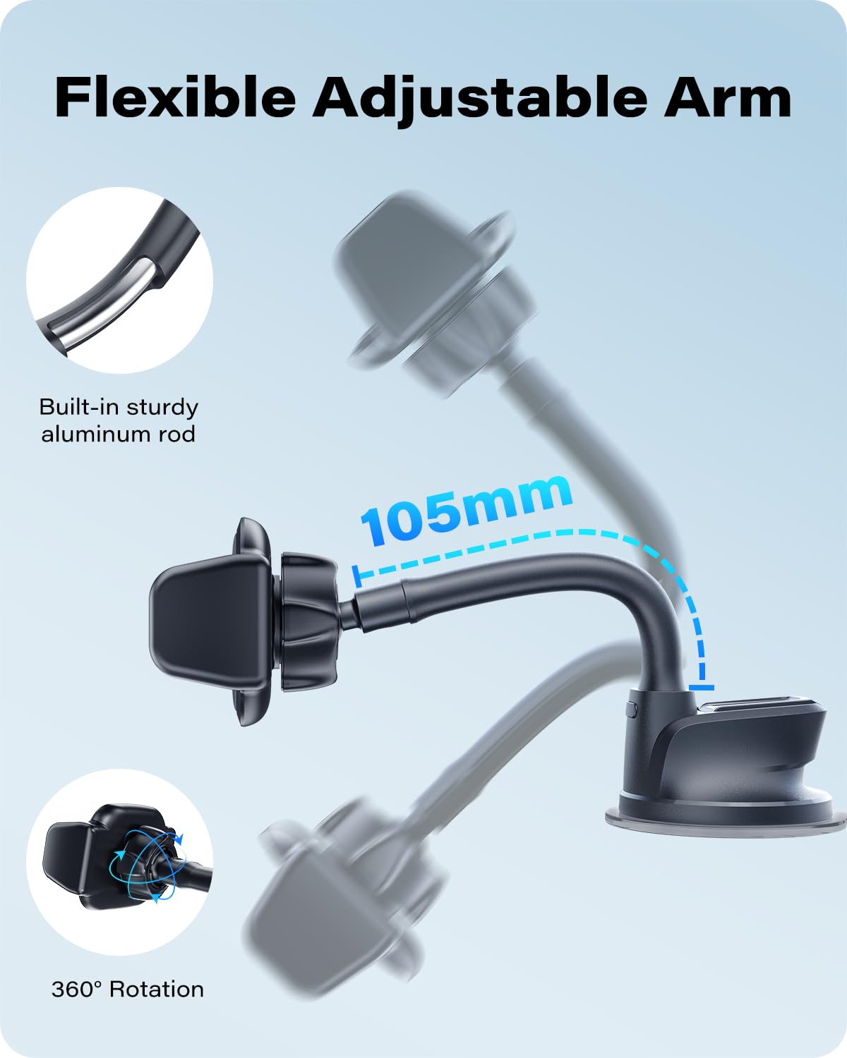 Oqtiq Suction Cup Car Phone Mount For Dashboard And Windshield - Dual Spring-Loaded Grips Expand To 3.8 Inches - Low Profile Bendable Arm Design - Fits All Phones(4.7-6.8")