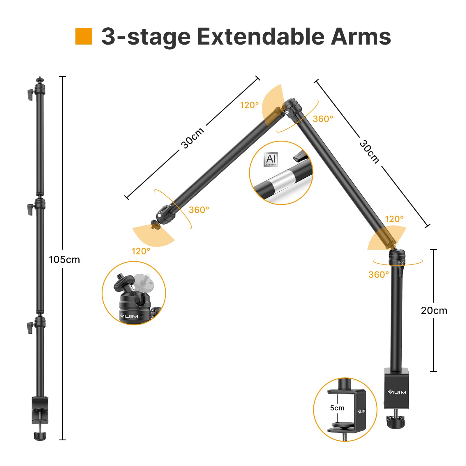 Pictron Vijim Ls08 Flexible Overhead Camera Mount Desk Stand, Webcam Stand Microphone Boom Arm Tabletop Photography Videography Live Stream Table Clamp Mount