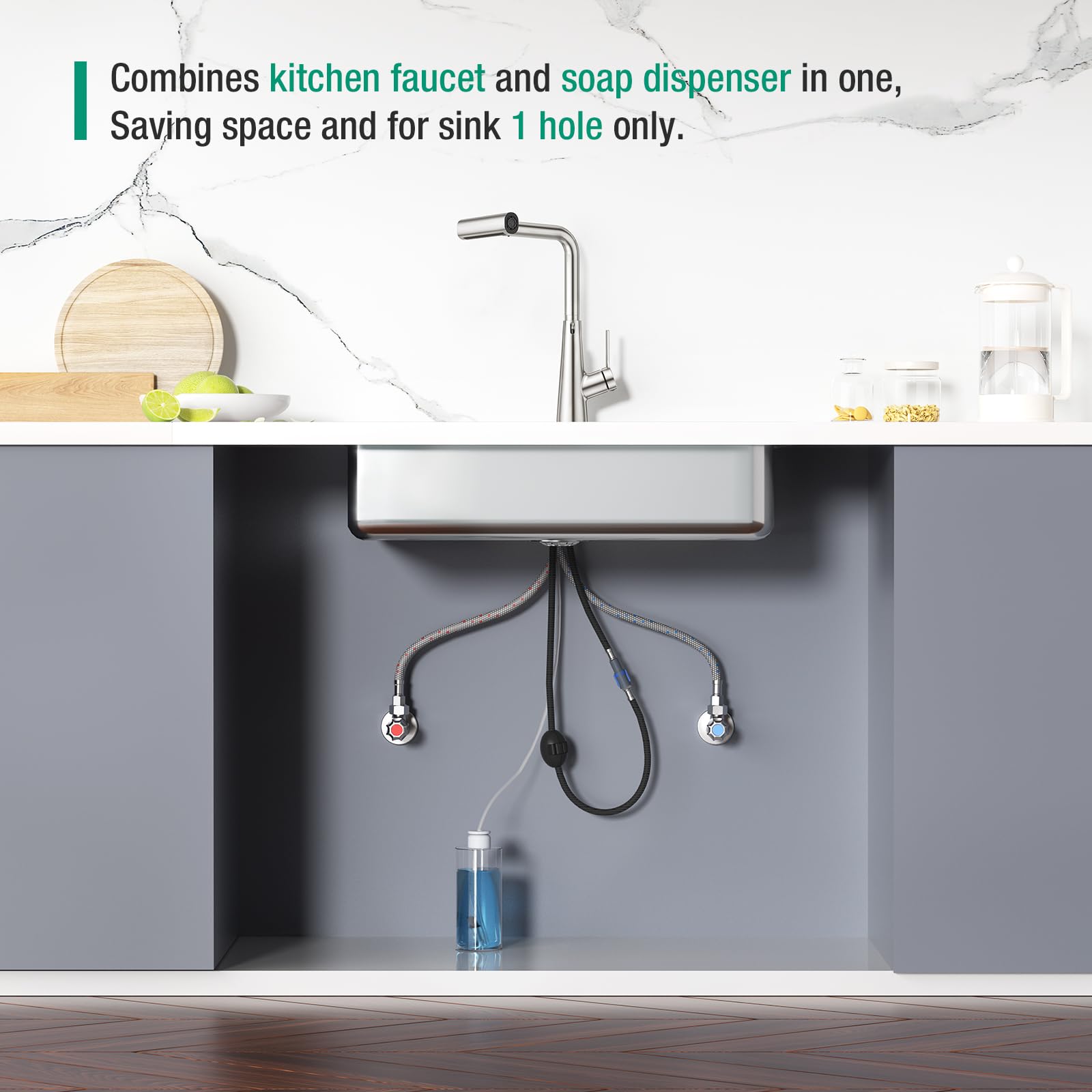 Crea Waterfall Kitchen Faucets With Soap Dispenser Built-In,4 Modes Bar Sink Faucet With Pull Down Sprayer,Single Handle 1 Hole Utility Faucet For Laundry Brushed Nickel Stainless Steel