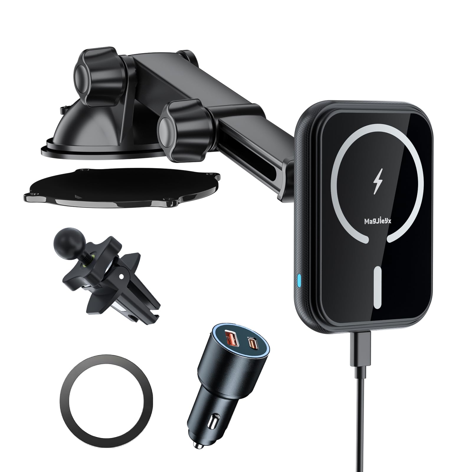 Magjieyx For Magsafe Car Mount Charger, (38W Fast Charging Adapter Max) Magnetic Wireless Charging Phone Holder Fits Iphone 16/15/14/13/12 Pro Max Plus/Magsafe Case On Dash/Windshield/Air Vent/Desk