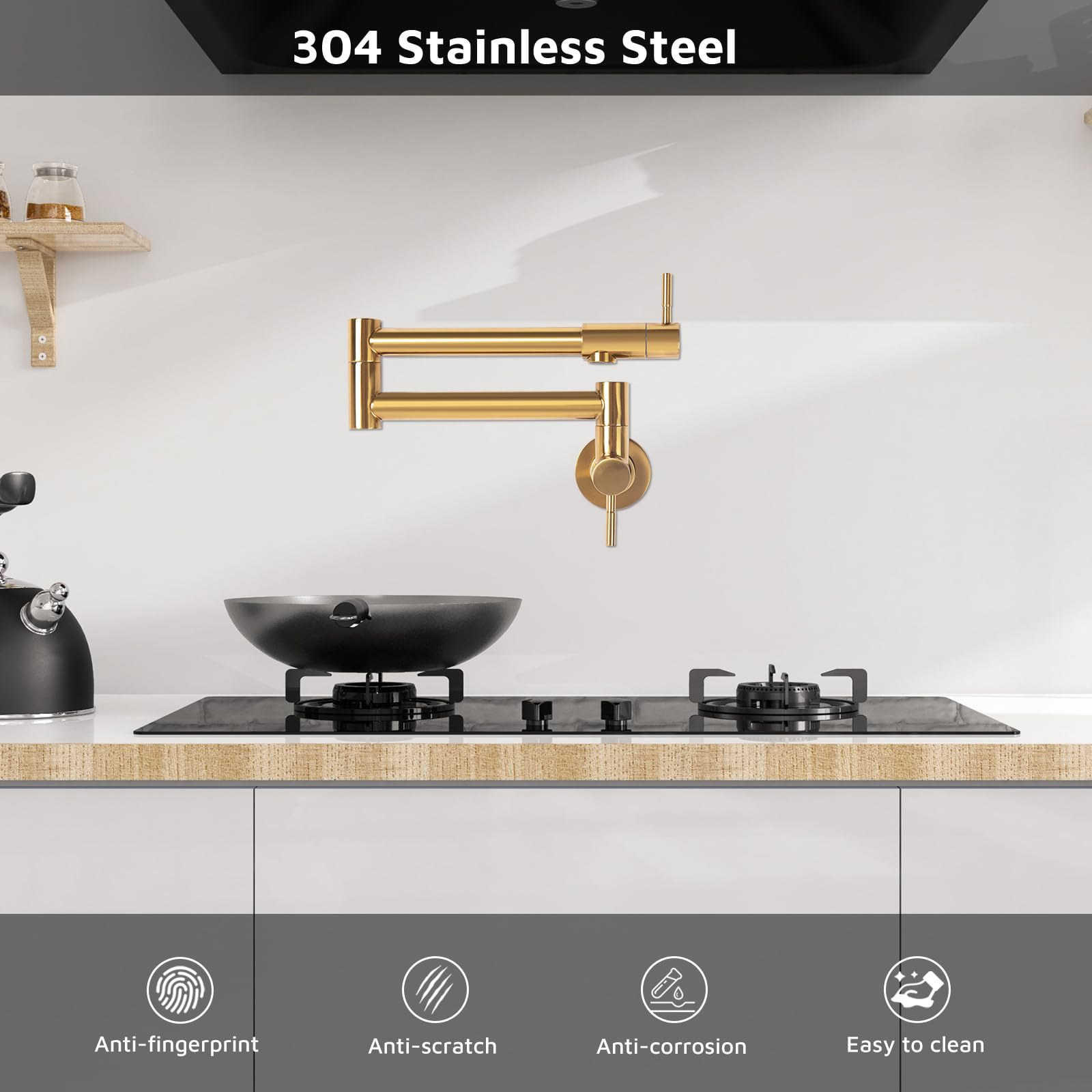 Heaorld Pot Filler Faucet Brushed Gold, Wall Mount Kitchen Faucet Over Stove 304 Stainless Steel, Commercial Folding Stove Faucet With Double Joint Swing Arms