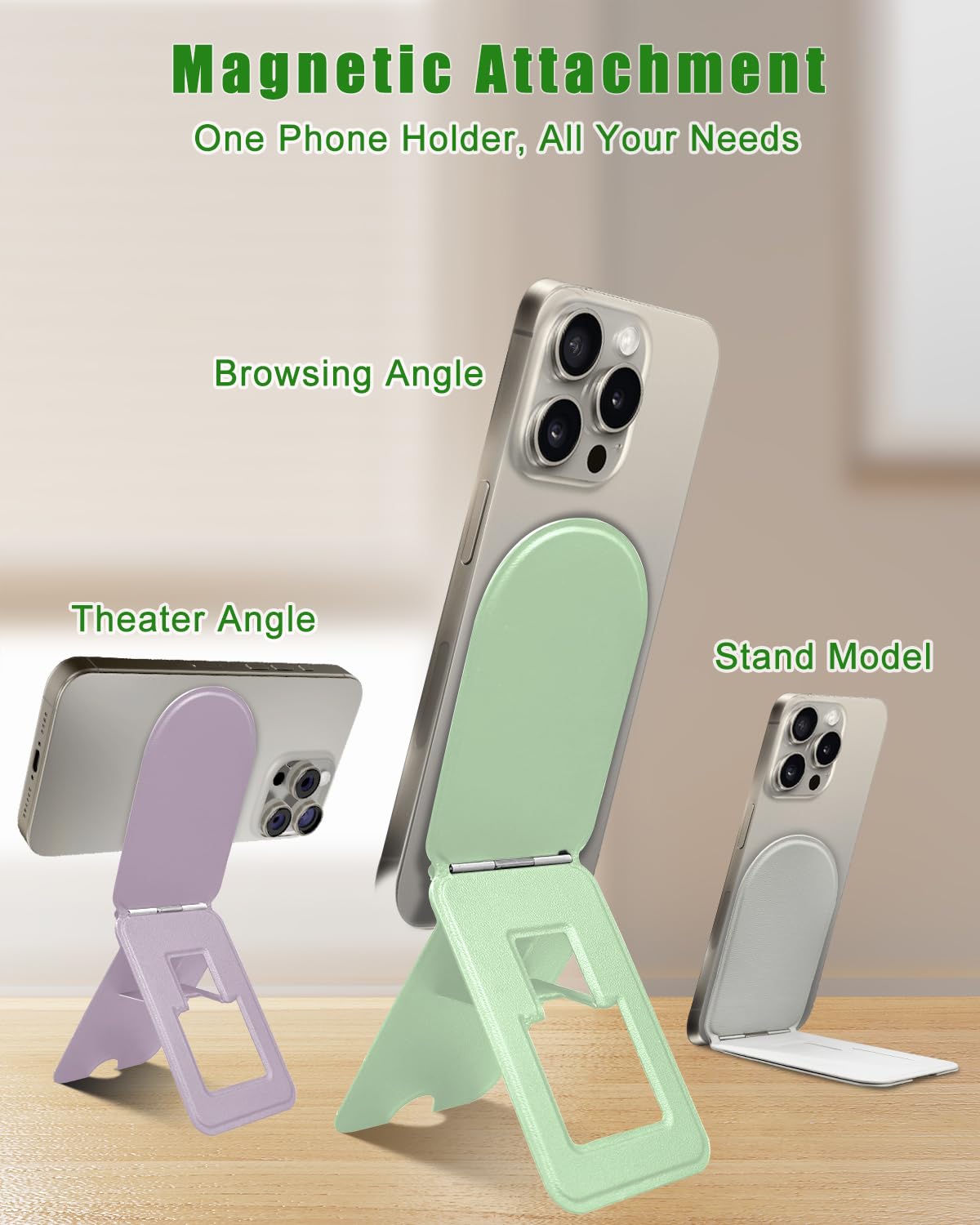 Guyefofo Phone Stand, Magnetic Phone Tripod, Eco-Friendly & Stain-Resistant Leather, Angle Adjustment & Strong Magnet Tripod For Iphone 16/15/14/13/12 (Included Metal Ring)-Green