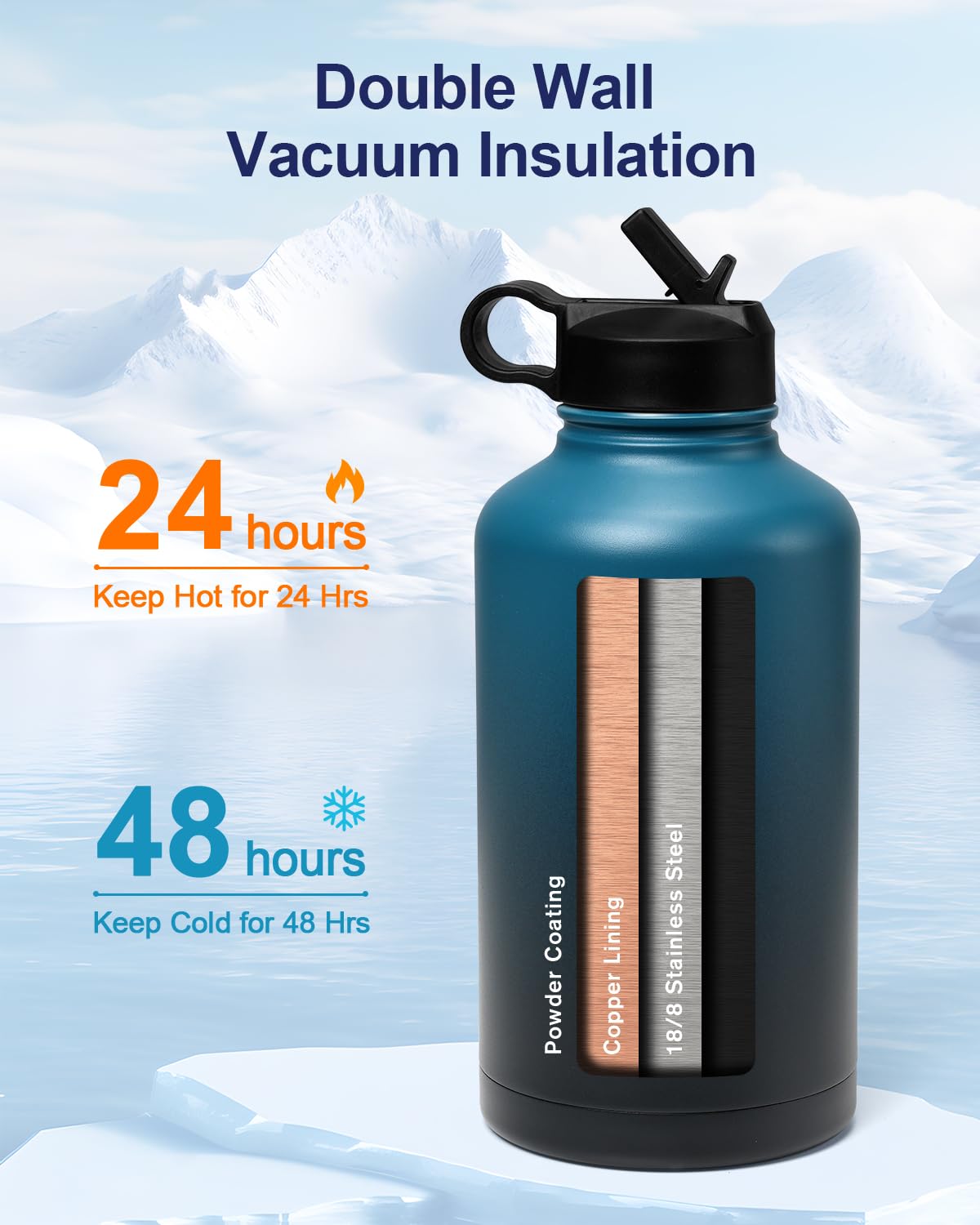 Inspi Insulated Water Bottle With Paracord Handle 64Oz,Indigo Black