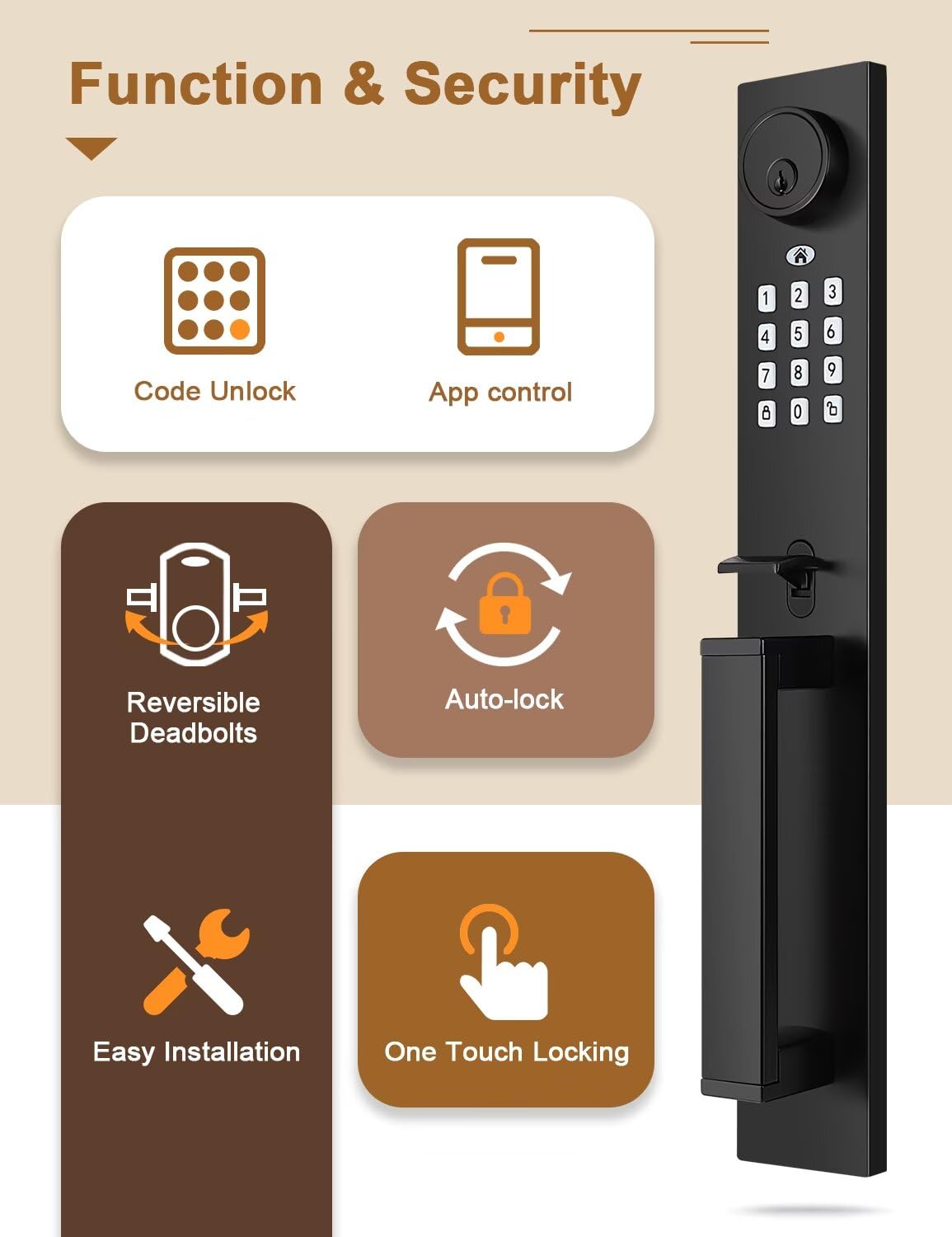Tia Keyless Entry Door Lock With Lever, Full Escutcheon Smart Door Handle, Digital Keypad Deadbolt With App, Front Door Handleset With Single Cylinder Deadbolt And Lever, Auto Locking, Black Finish