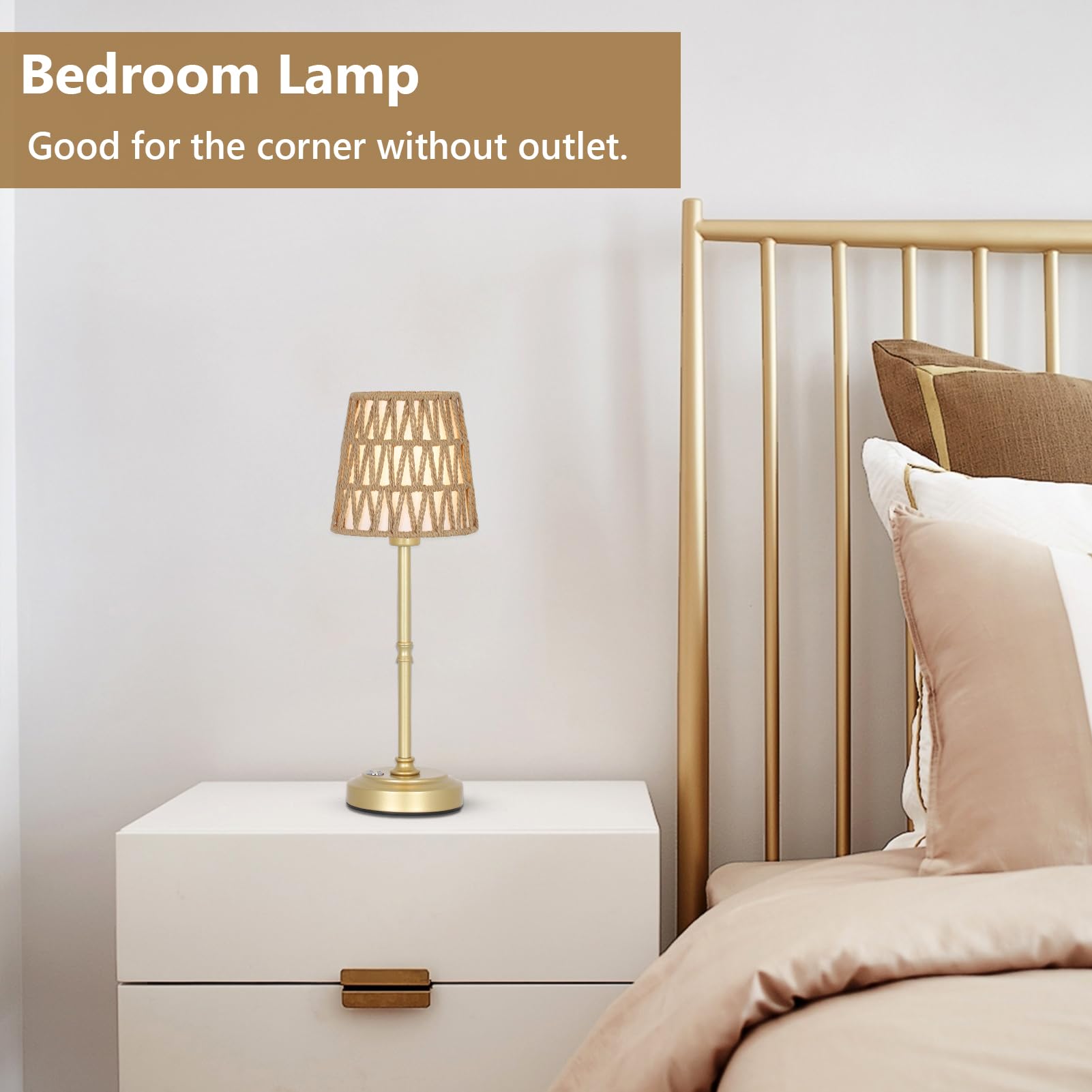 Eayaya Gold Rechargeable Rattan Cordless Table Lamp With Stepless Dimming & E12 Bulb, Touch Control Battery Powered Desk Lamp For Bedside, Nursery, Countertop, Bedroom