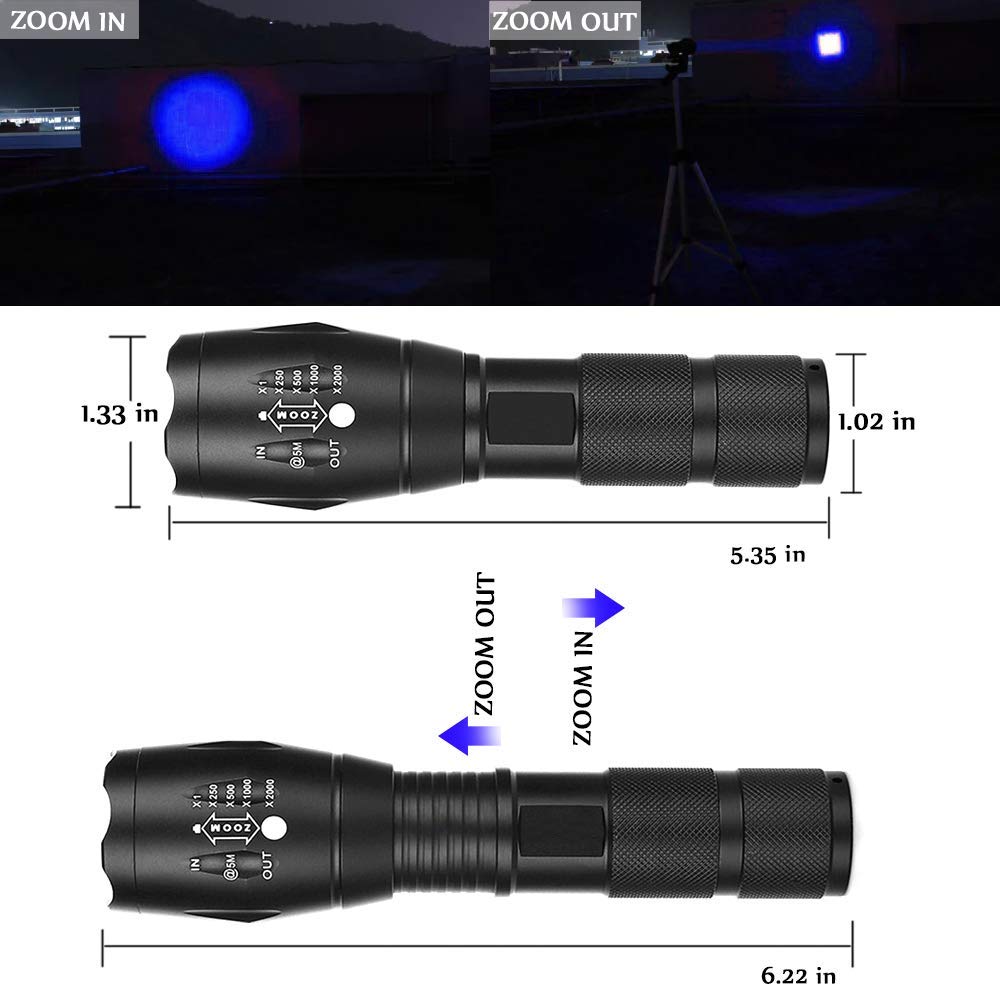 Gaigaimall Blue Light Flashlight Single Mode Zoomable Waterproof Led Blue Light For Night Deer Hunting Fishing, 2 Pack
