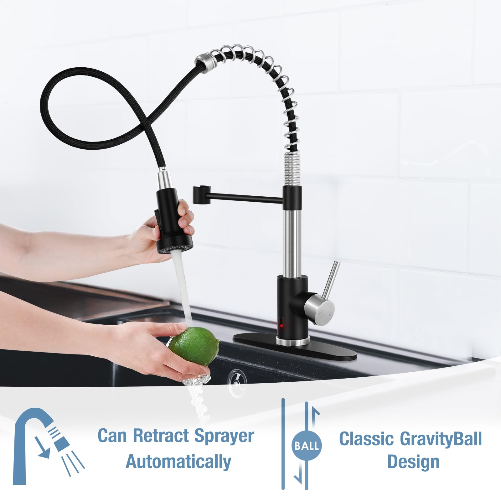 Djs Kitchen Faucets With Pull Down Sprayer Matte Black & Brushed Nickel -【Touchless】 Single Handle 1 Or 3 Holes Spring Kitchen Sink Faucet With Deck Plate For Farmhouse Rv Vessel Basin