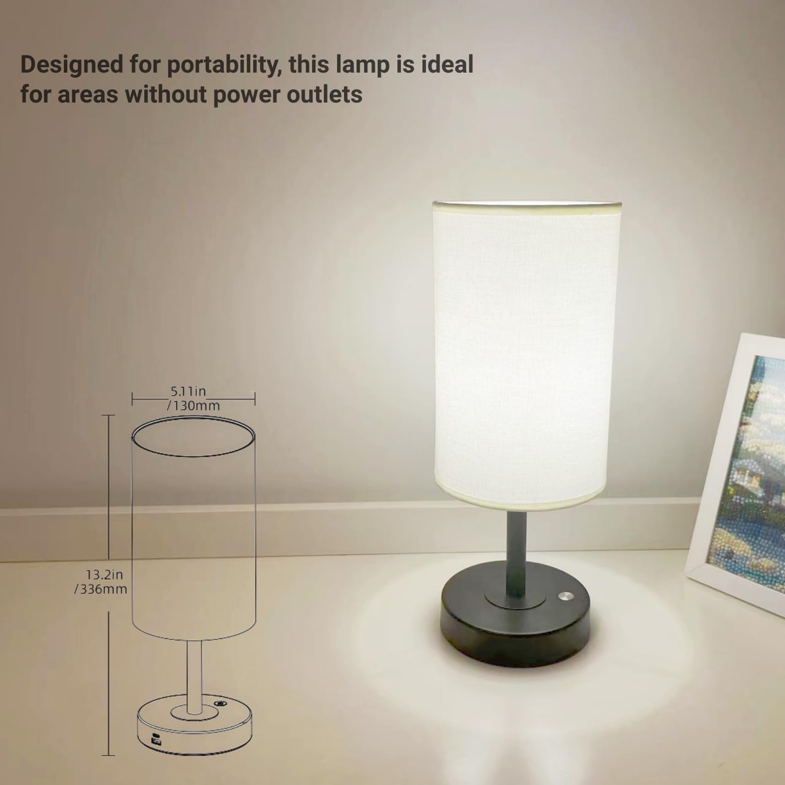 Madckdedrt Cordless Led Table Lamp With Dimmer,Built-In Rechargeable Battery,Fabric Shade,Stepless Dimming,Suitable For Bedroom, Living Room, Dining Room, Patio Lighting,Black