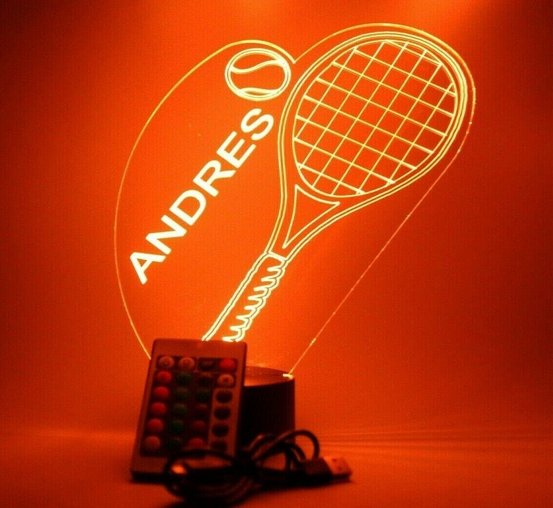 Mirror Mania Tennis Racket Racquets And Ball Court Sports Player Night Light Up Table Lamp Led Engraved Custom Name Personalized With Remote, 16 Color Options, Dimmer, It'S Wow, Great