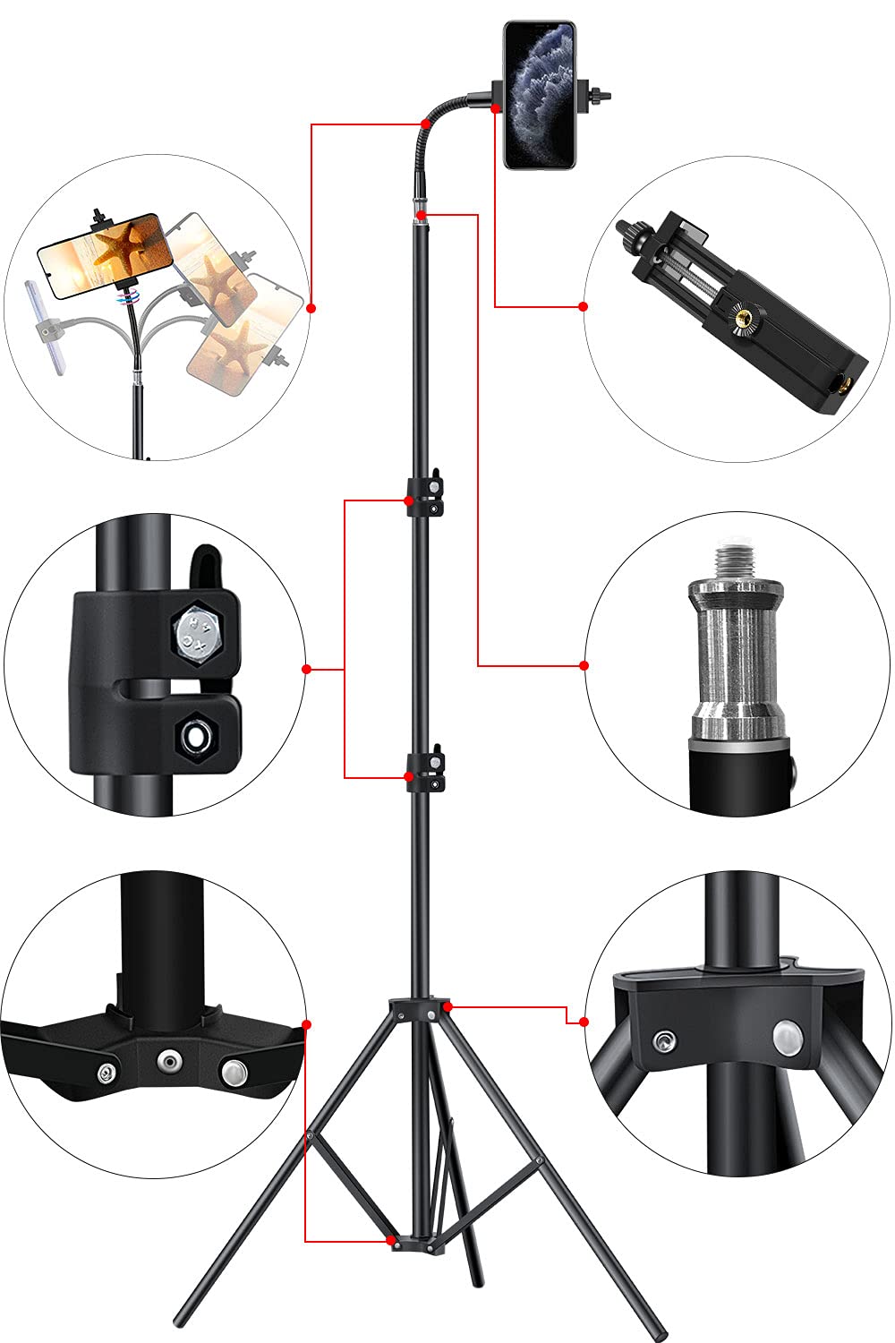 Pixel 80Inch Stand Tripod For Iphone Phone Cell Tripods Lighting Stand Fits Ring Light Mini Camera Photography Rotatable Live Video Stand Compatible With And Most Mobile Phones