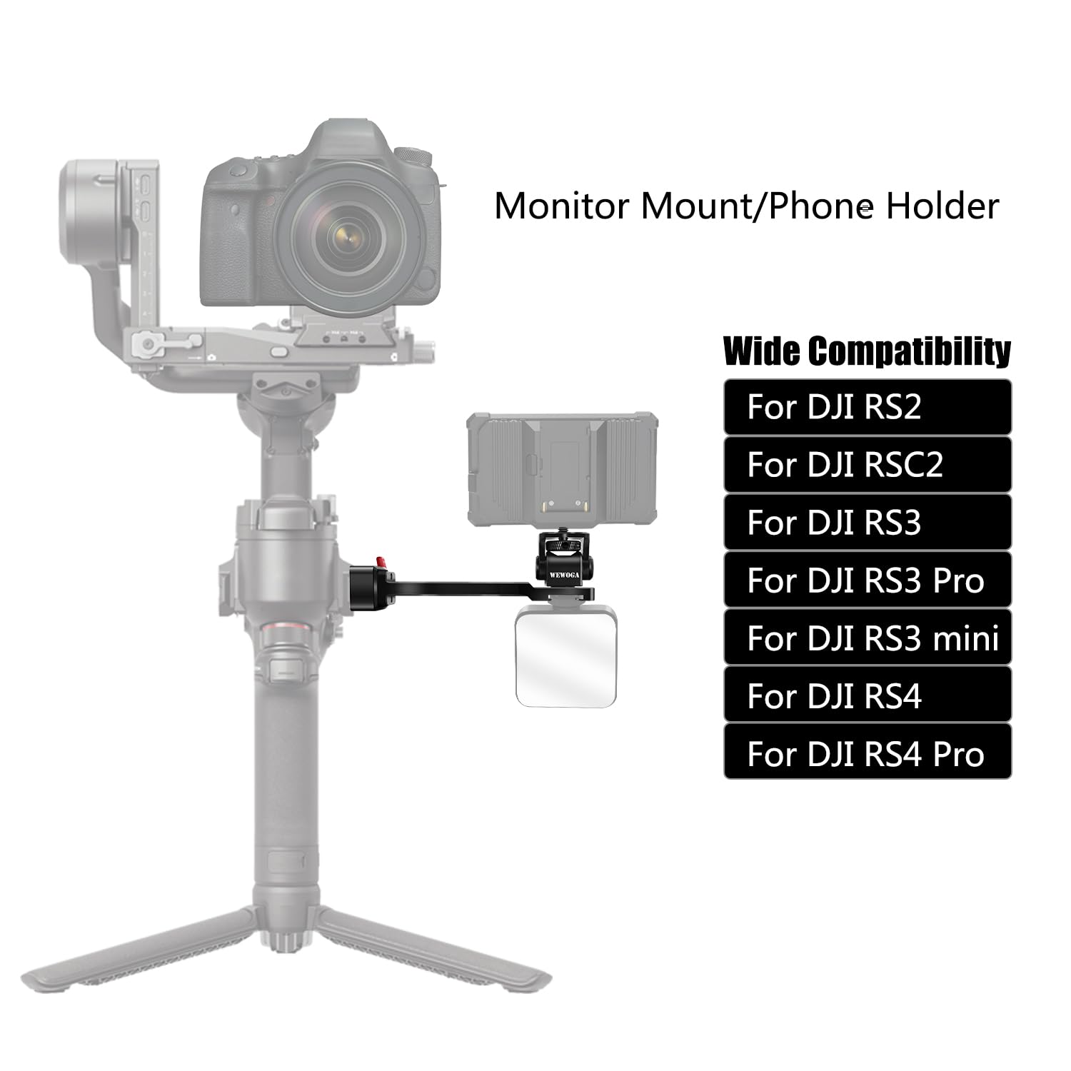Wewoga Rs4 Phone Holder Aluminum Alloy Extension Handle Rs3 Monitor Mount W Phone Mount 1/4" Cold Shoe Compatible For Dji Ronin S4/Rs4 Pro/Rs3/Rs3 Pro/Ronin S3 Mini/Ronin Rs2/Rsc2 Gimbal Stabilizer