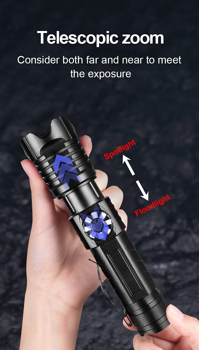 Junchi Super Bright Led Flashlight Usb Rechargeable,Xhp99 1200000 Lumens Tactical Flash Light With 4 Modes Stepless Dimming Zoomable Waterproof Powerful Handheld Torch For Camping Hiking Emergency