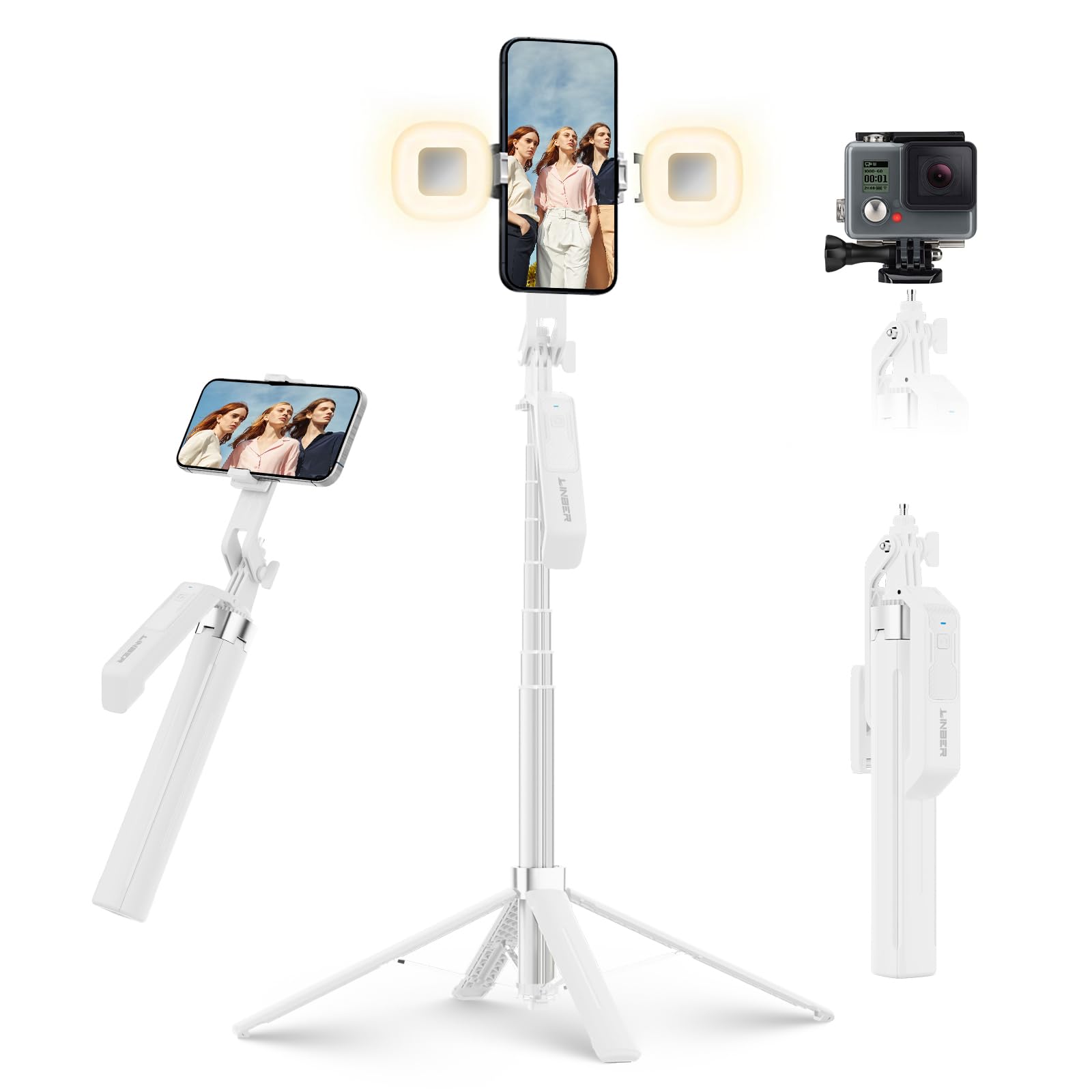 Linber 71" Selfie Stick Tripod With Wireless Remote & 2 Fill Lights, Tall Phone Tripod Stand With Quad-Leg Base, Aluminum Alloy White Stick For Iphone, Android, Gopro, Vlogging & Video