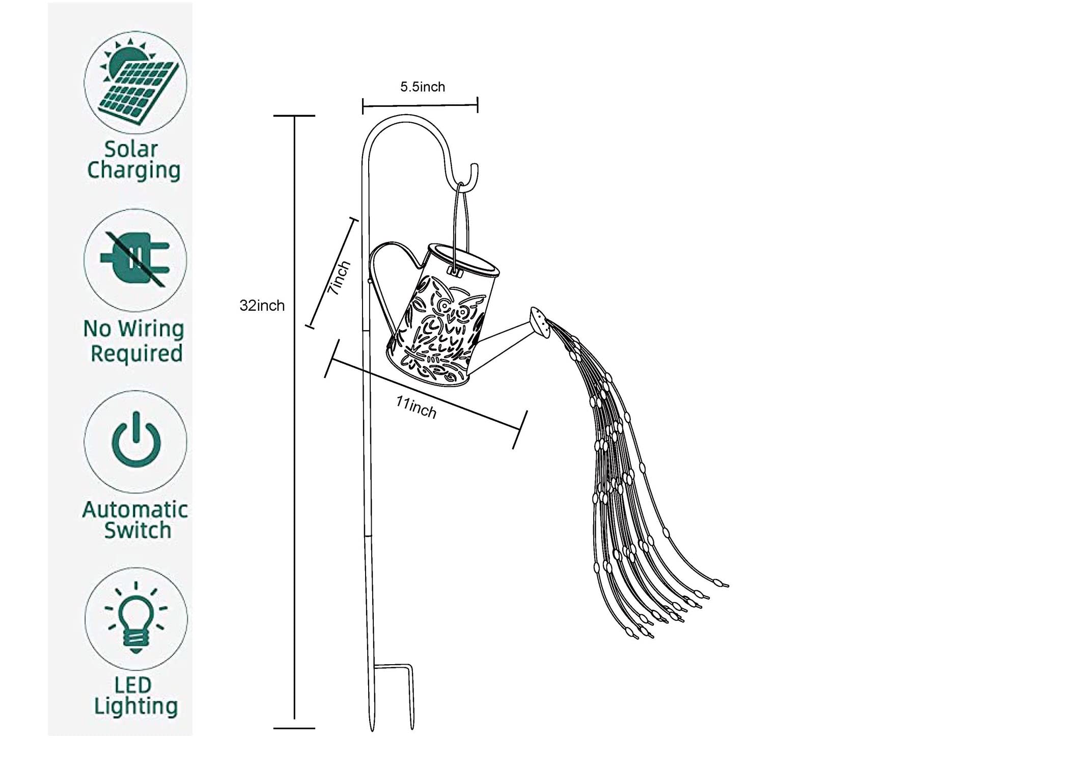 Happy Long Ears Solar Watering Can With Cascading Lights - Large Waterfall Lights Garden Decor, Owl Shape Solar Hanging Lantern Outdoor Waterproof , 96 Leds String Light Flashing For Patio,Lawn,Garden,Pathway