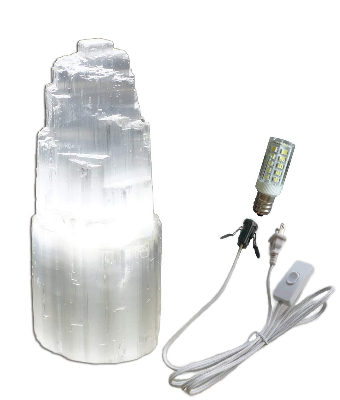 Jic Gem Natural Selenite Lamp 8" White Selenite Crystal Rock Lamps With Switch Cord And Bulb