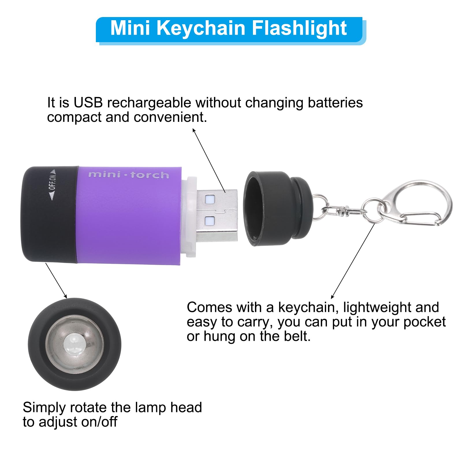 Patikil Mini Keychain Flashlight, Pocket Led Flashlight Portable Torch Usb Rechargeable For Outdoor Camping Party, Purple
