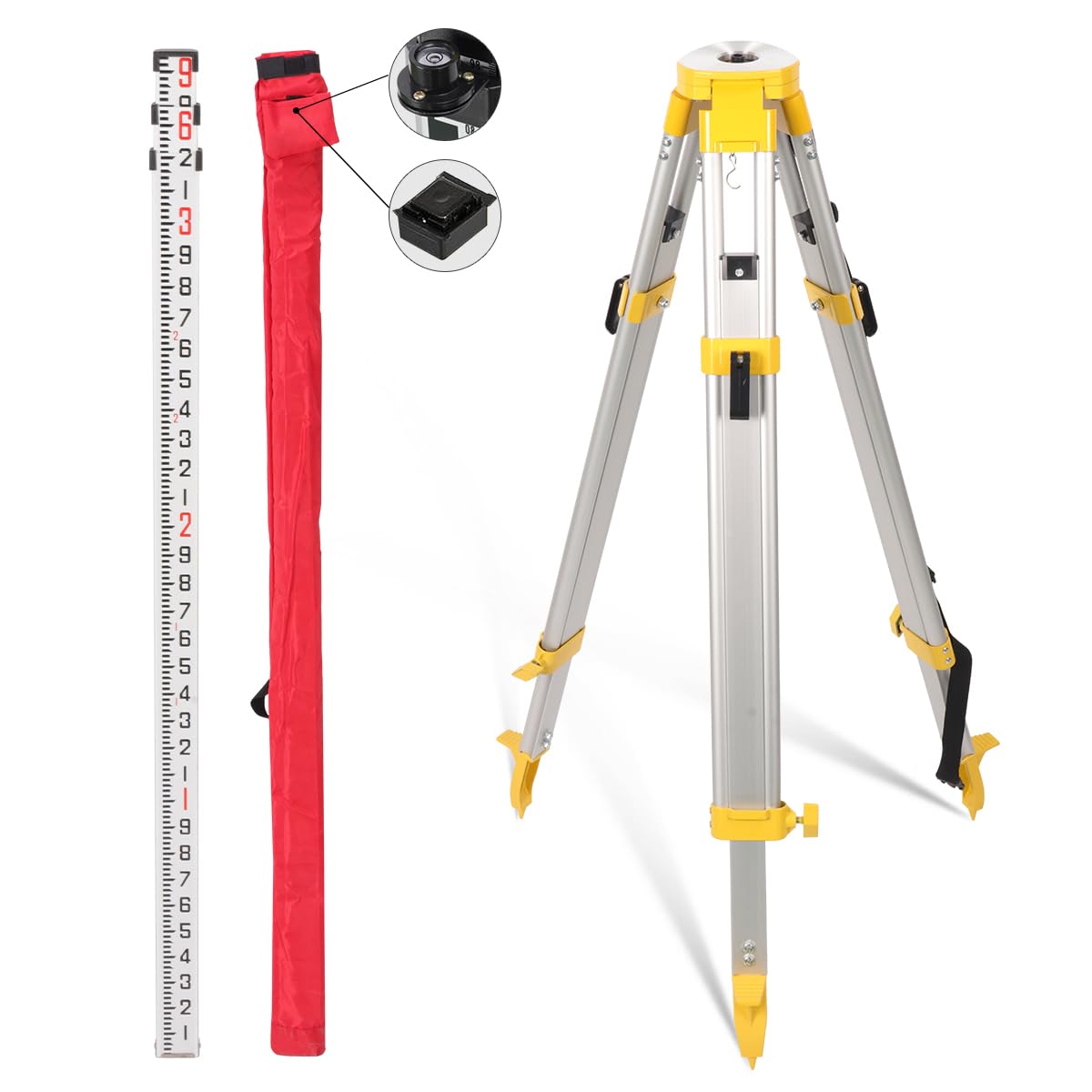 Smtoer Professional Surveying Tripod & Aluminum Grade Rod Combo - 9Ft Telescopic Rod + 65" Adjustable Tripod For Rotary Laser Level, Theodolite, Land Surveying Equipment