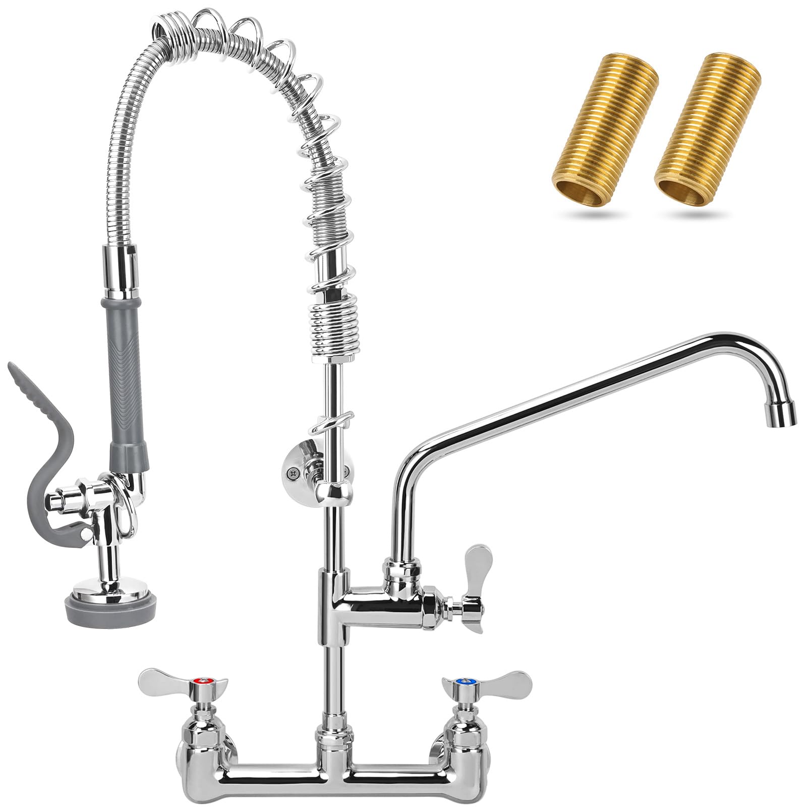Pgkkle 25" Height Commercial Kitchen Faucet Wall Mount With Pre-Rinse Sprayer, 8 Inch Center Wall Mount Sink Faucet With 12" Swing Spout ，Commercial Sink Faucet For Commercial Restaurant Industrial Kitchen.