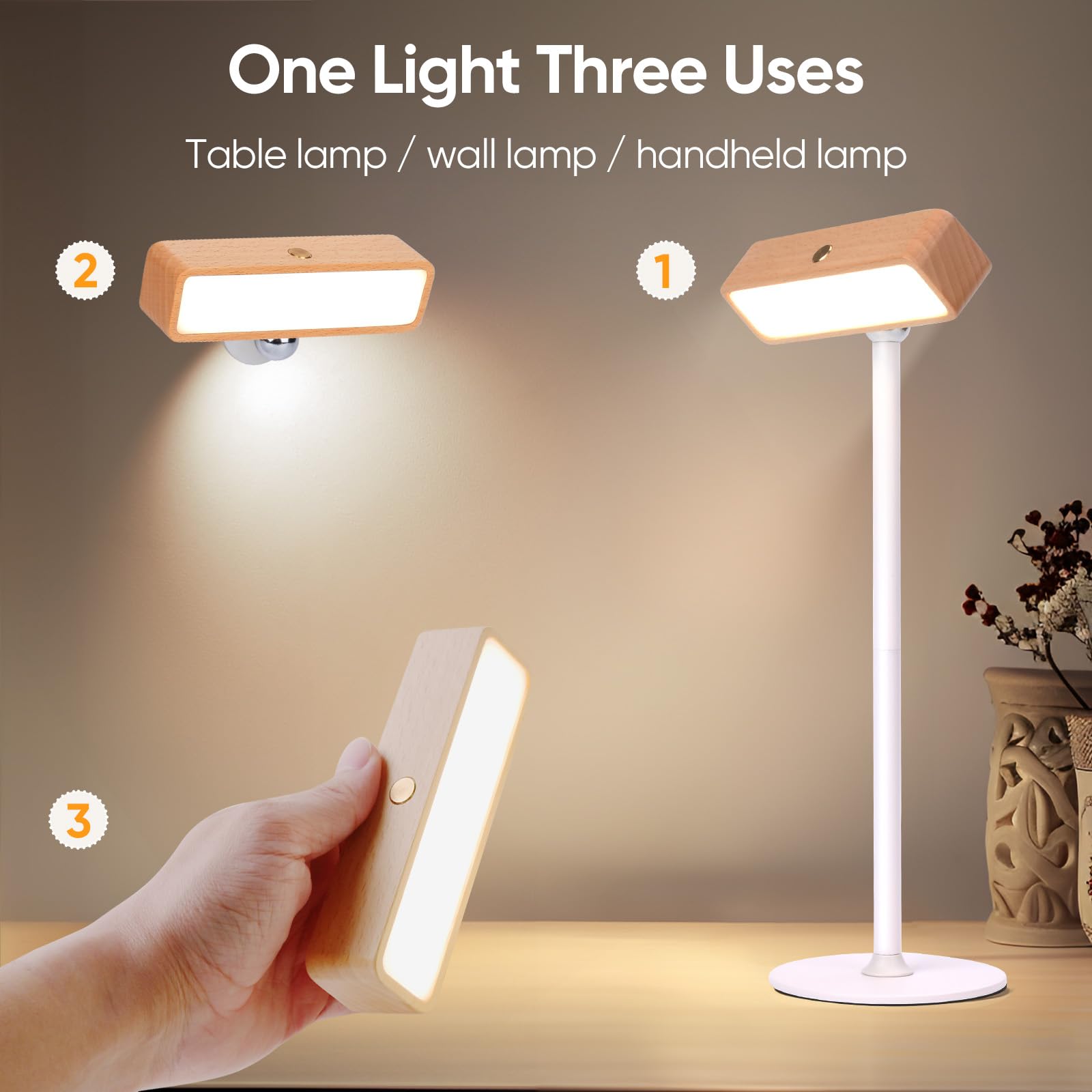 Moroommt Wood Wall Sconces With 360 Rotation, Cordless Table Lamps Rechargeable, Magnetic Touch Small Bedside Desk Lamp For Bedroom Nightstand, Battery Operated Stick Wall Night Lights For Living Room