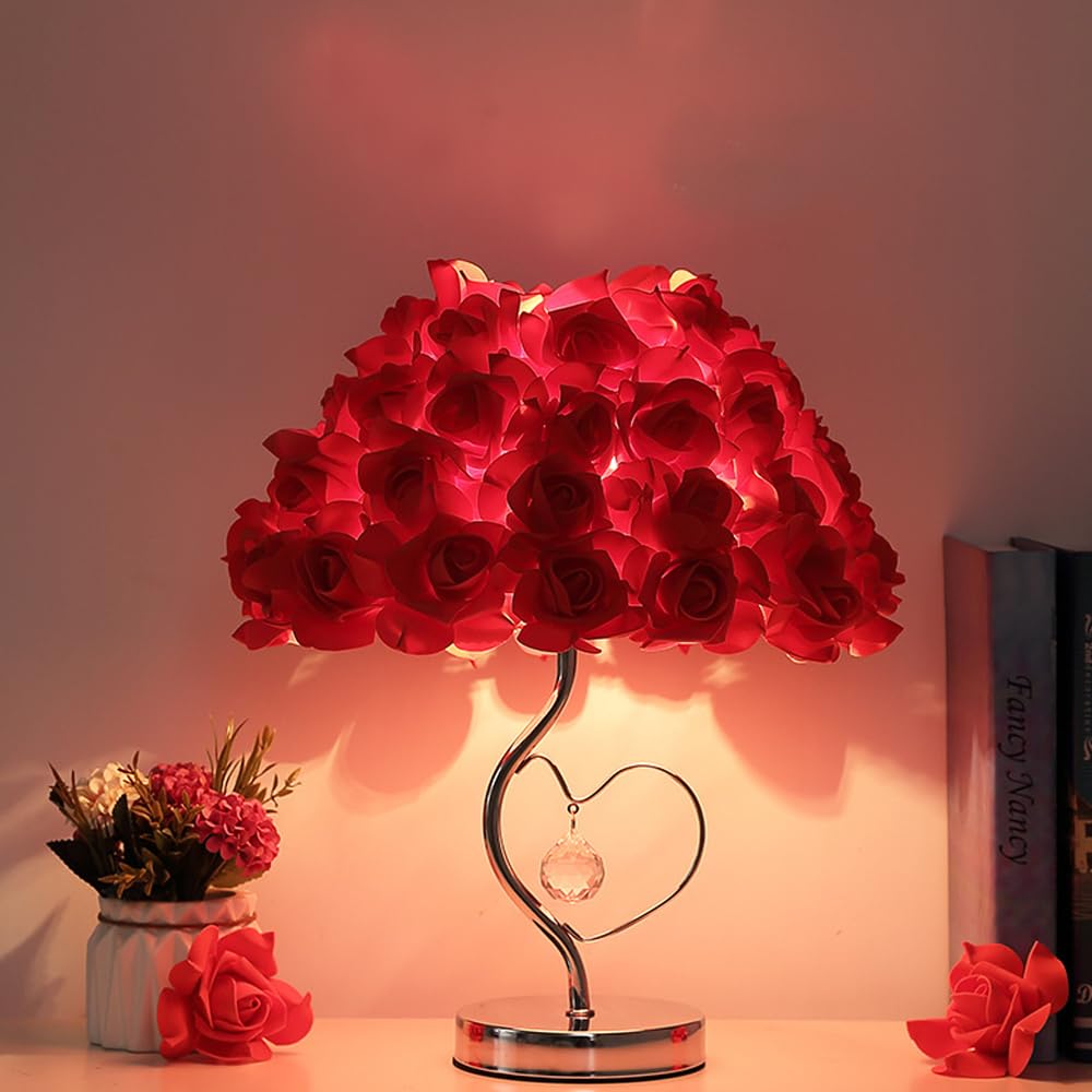 Lifenanny Rose Flower Table Lamp, Romantic Bouquet Lamp Bedside Night Light Artificial Rose For Valentines Dating Party Home Bedroom Wedding Decor (Red)