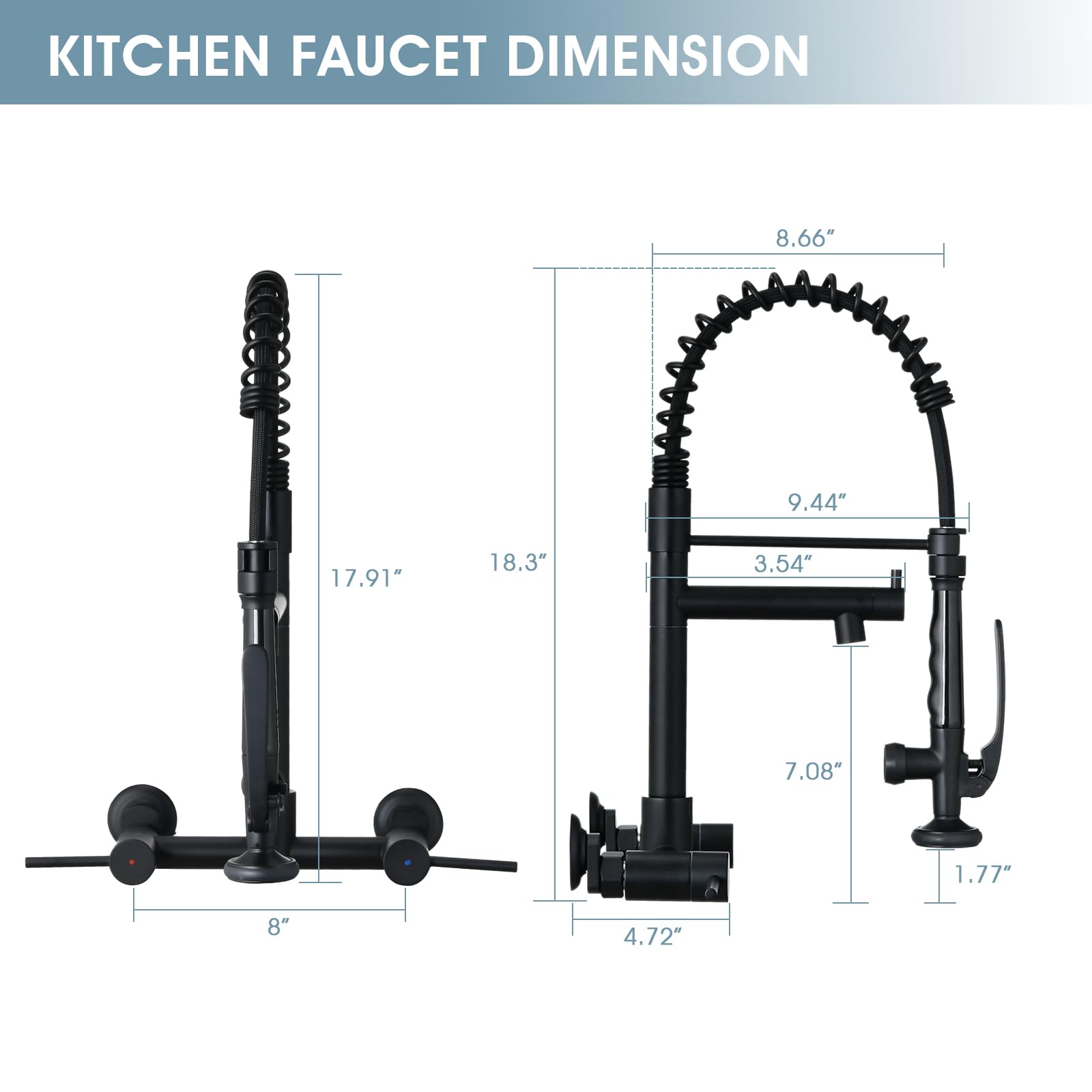 Demiinus Wall Mount Kitchen Faucet With Pull Down Sprayer, 8 Inch Center Kitchen Sink Faucet, Heavy-Duty Commercial Wall Mount Faucets, 2 Handle Faucet For Kitchen Sink, Matte Black