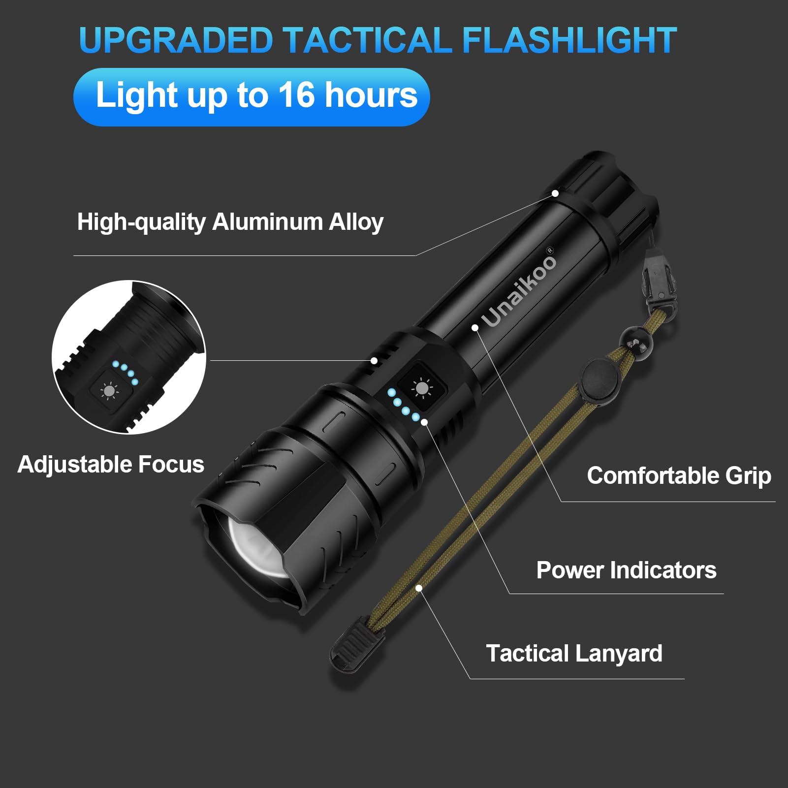 Unaikoo Rechargeable Flashlight High Lumens - 10000Lm Powerful Utility Flashlights With 4 Modes Zoomable Led Flashlight Waterproof Brightest Flash Light For Emergencies Camping Hiking Outdoor C1