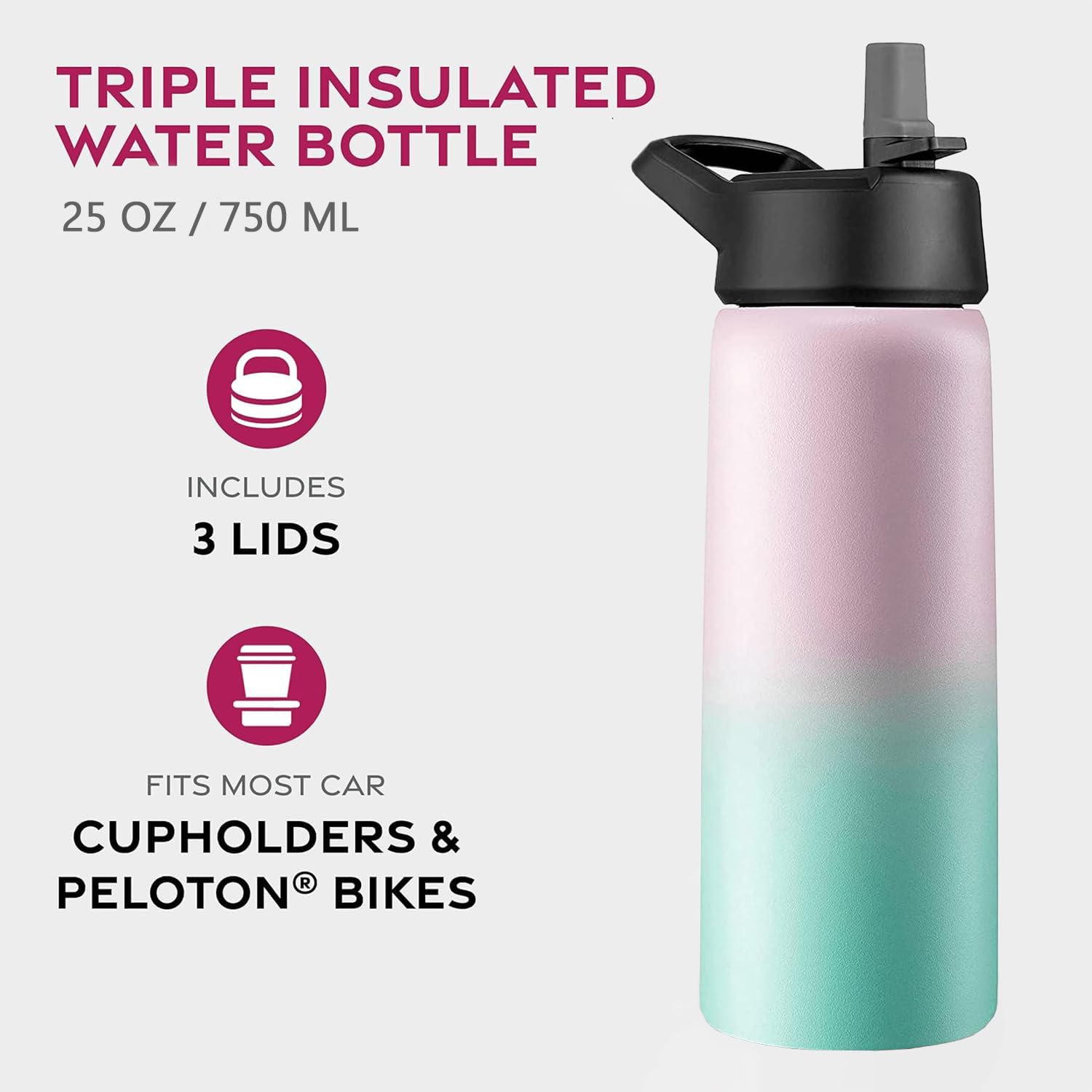25 Oz Triple Walled, Insulated Water Bottles With Straw - Stainless Steel Metal Bottle W/ 3 Leak