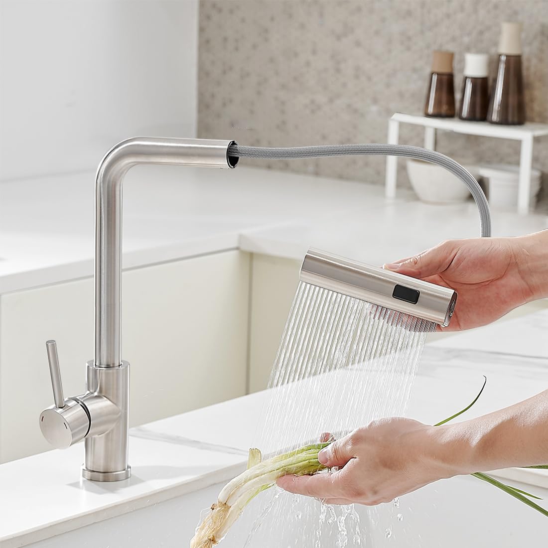 Owofan Kitchen Faucet With Pull Down Sprayer Waterfall Single Hole Single Handle Stainless Steel Kitchen Sink Faucets Brushed Nickel