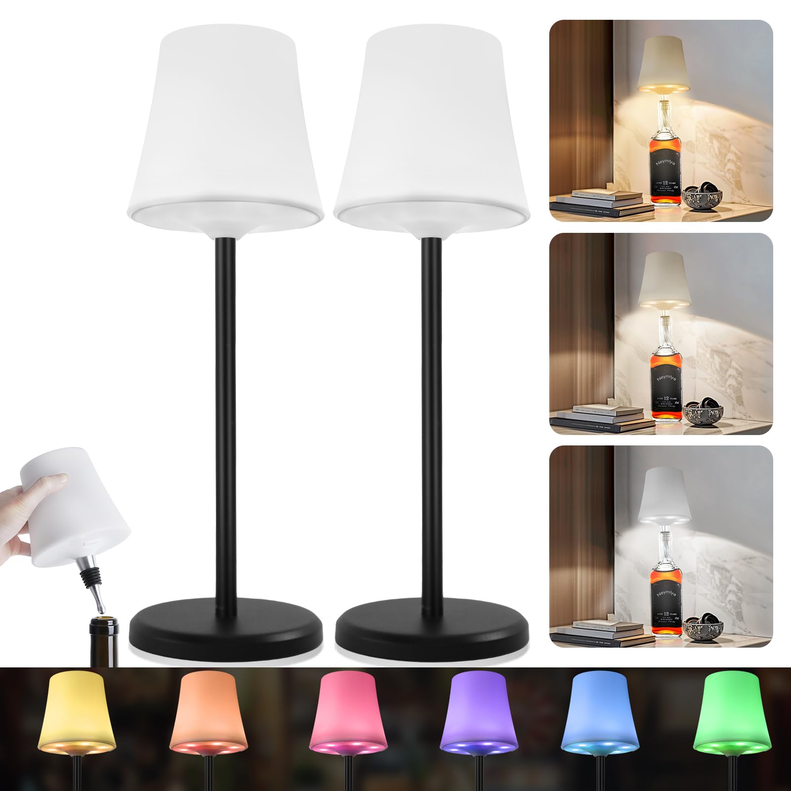 Neymlya 2 Pack Cordless Rechargeable Table Lamps, Battery Operated Led Table Lamp, Touch Dimmable 3 Colors + Rgb Modes, Outdoor Waterproof Portable Led Desk Lamp For Patio Restaurant Bars Outdoor Party Dining