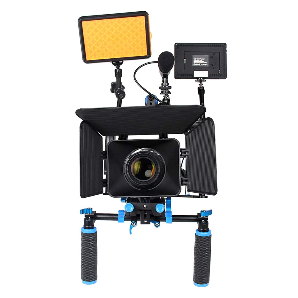 Fydun Shoulder Rig Stabilizer Kit, Aluminum Alloy Camera Stabilizer Cage With Top Handle Follow Focus Rods Shoulder Rig 1/4 3/8 Screw
