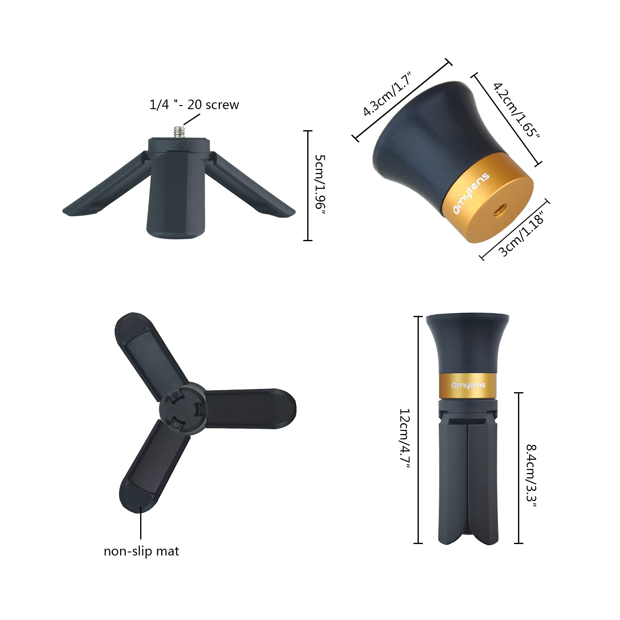 Omylens Lens Ball Stand Supports 60Mm/2.36" To 150Mm/5.9" Crystal Ball, Spherical Display Standing, Silicone Suction Cup+Golden Alumina Base (1/4"-20 General Internal Thread) + Mini Tripod