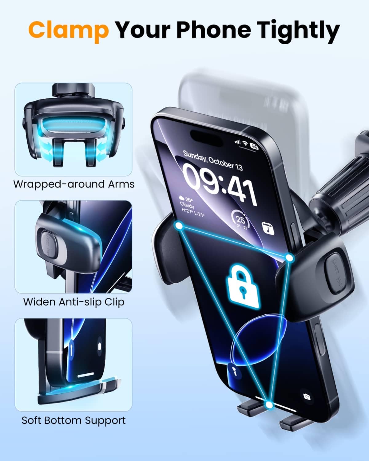 Amadaw  Phone Holder Mount For Car Vent [Design For Big Phone, Thick Cases] [Strongest Hook] Cell Phone Air Vent Mount With 1.62In Widest Clamp For Iphone 16 15 Pro Max All Phones, Silicone Black