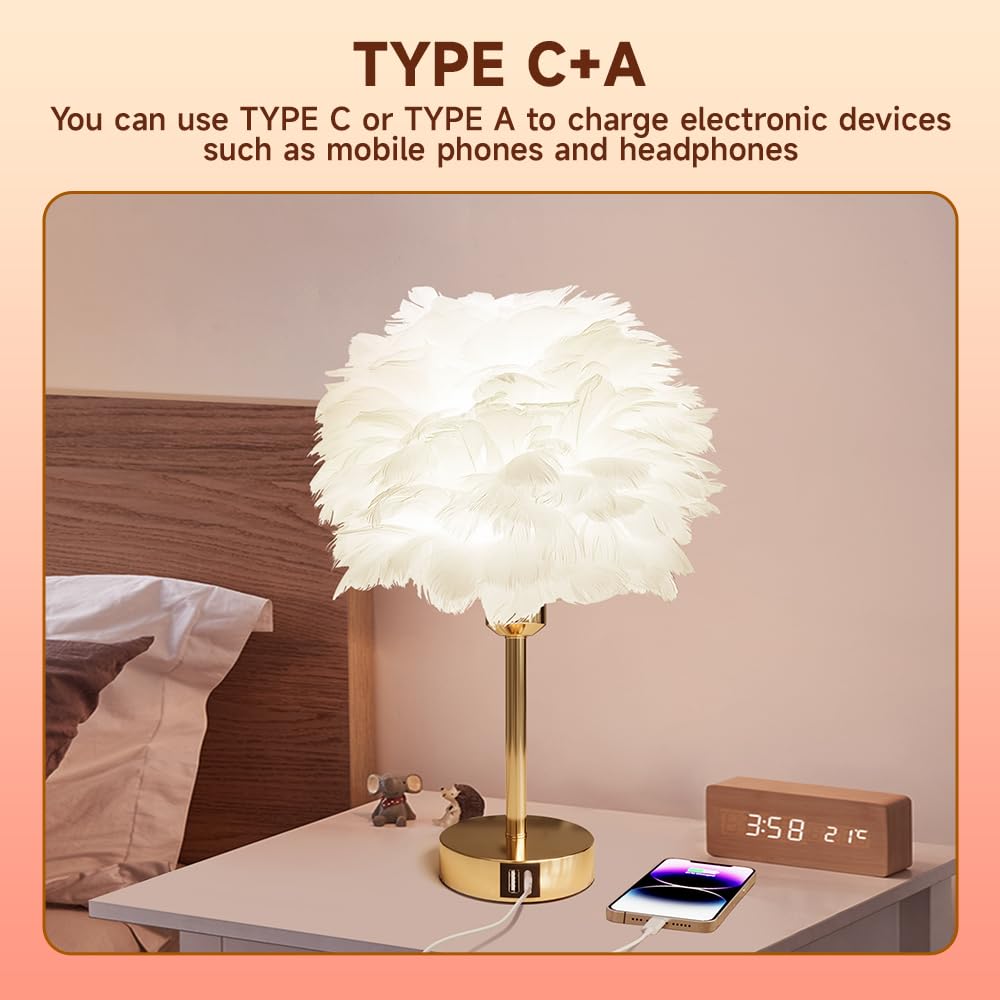 Kyfgdla Touch Bedside Table Lamp With Stylish White Feather Lamp Shade And E26 Smart Light Bulbs, Usb C+A Ports, Rgb+Cct, Compatible With Alexa Google Assistant, 9W,800Lm, For Her/Girls Room, Rose Gold