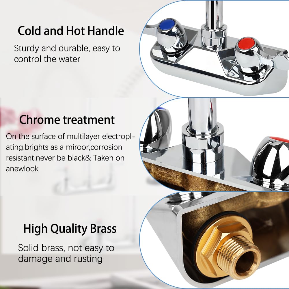 Tnroted 4 Inch Center Commercial Hand Sink Faucet With 3-1/2”Gooseneck Spout, Dual Lever Handle Wall Mount Utility Sink Faucet For Bar/Kitchen/Restaurant Sink,Brass Constructed