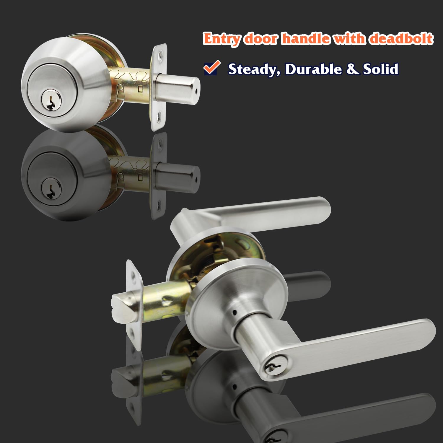 Solidware Entry Door Lock Set And Single Cylinder Deadbolt Combo,Keyed Alike Combination Sets Locksets, Satin Nickel Front Door Handle And Deadbolt Set (2 Pack)