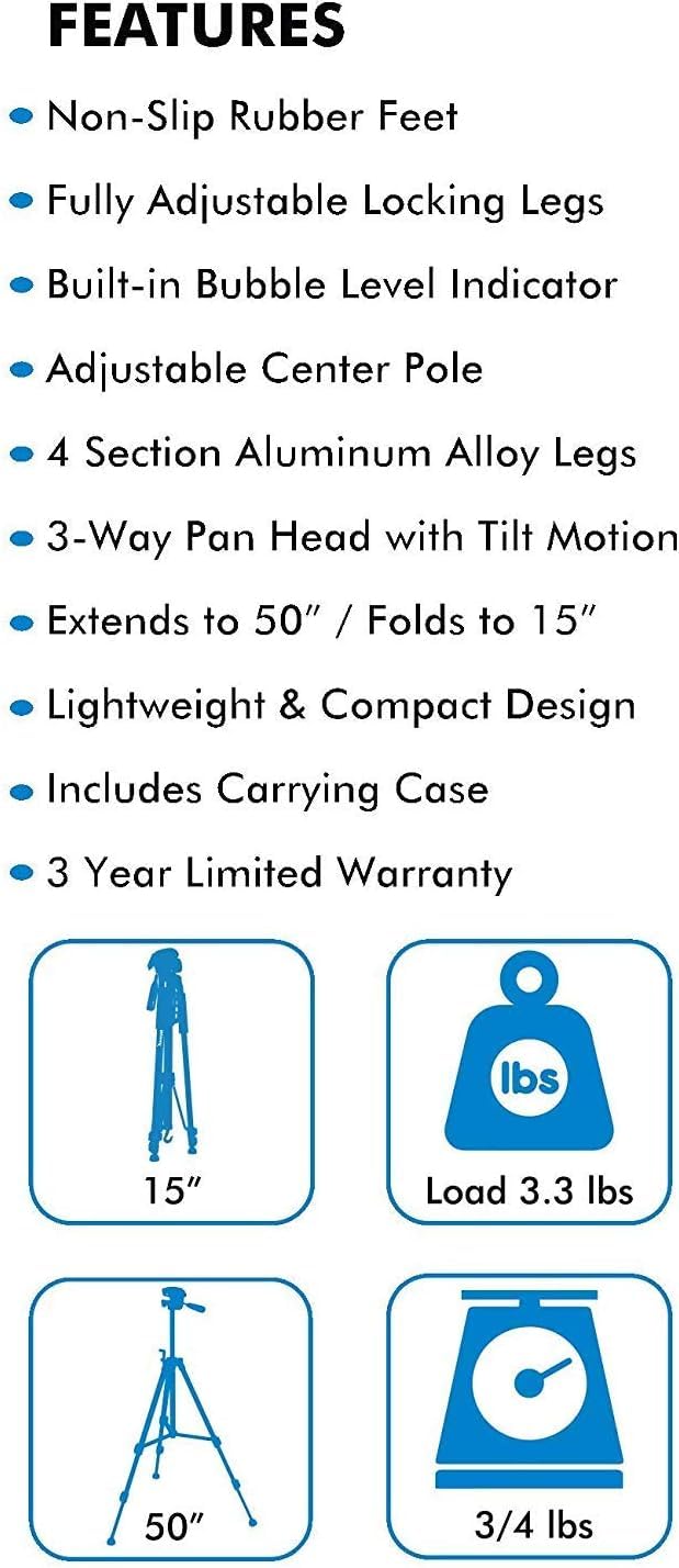 Kliomax Lightweight Portable Camera Tripod Stand With Carrying Bag For Sony, Nikon, Canon, Olympus, Pentax, Panasonic, Samsung Cameras And Camcorders (50")