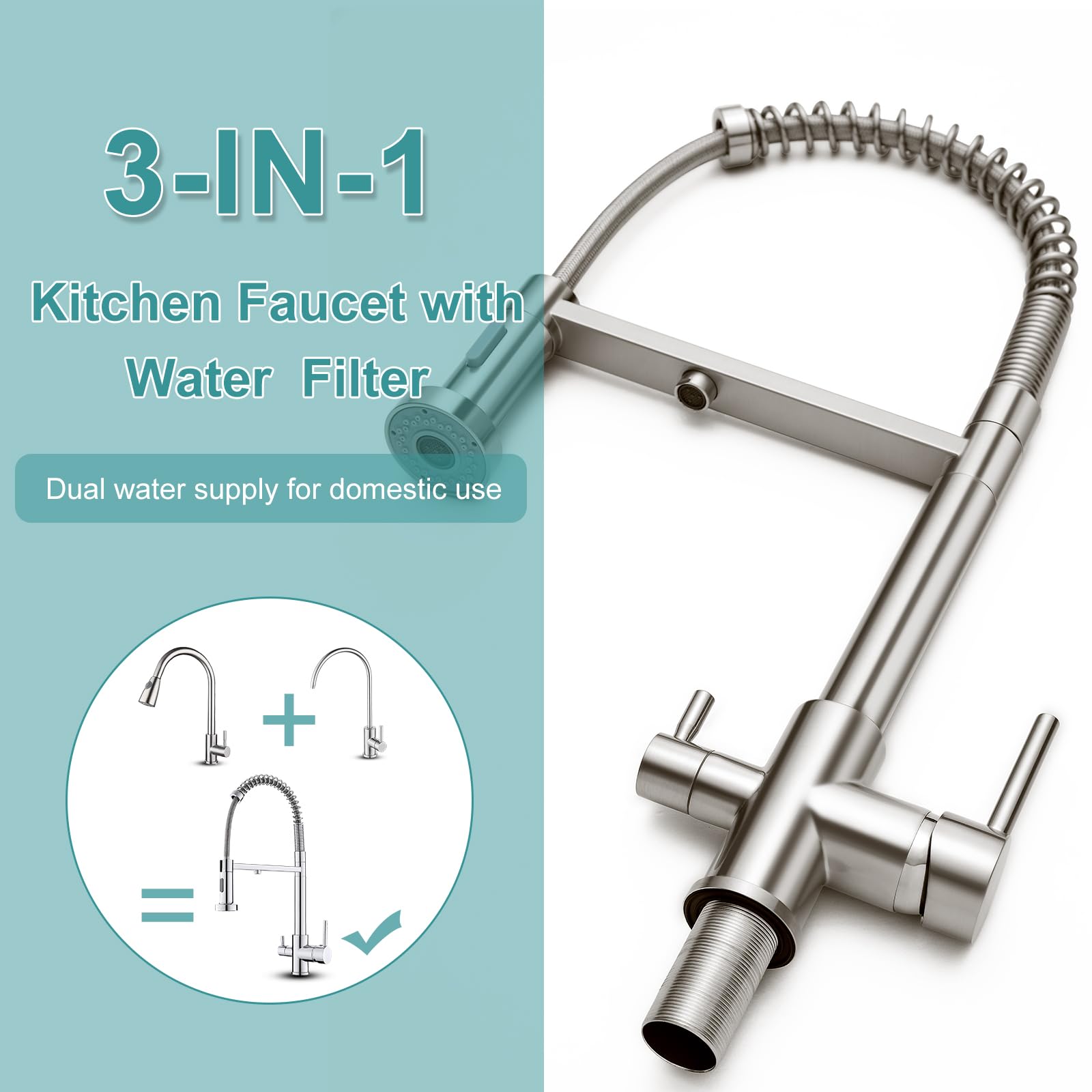 Kinkib Pull-Out Kitchen Faucet With Water-Filter-Faucet - Kitchen Sink Faucet With 2 Spray Modes, Ro System Compatible, Dual Handle Lead- Brass Design, Brushed Nickel