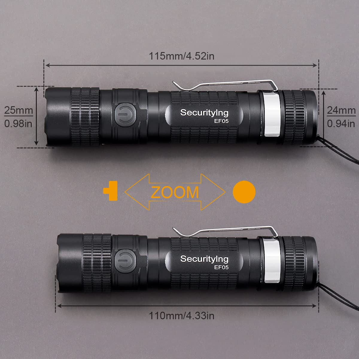 Securitying Ef05 Usb-C Rechargeable Magnetic Edc Flashlight, 887 Lumens 5 Modes Zoomable Ipx-6 Water-Resistant Mini Led Torch With Clip, Usb Cord, Lanyard, Power Indicator (Battery Not Included)