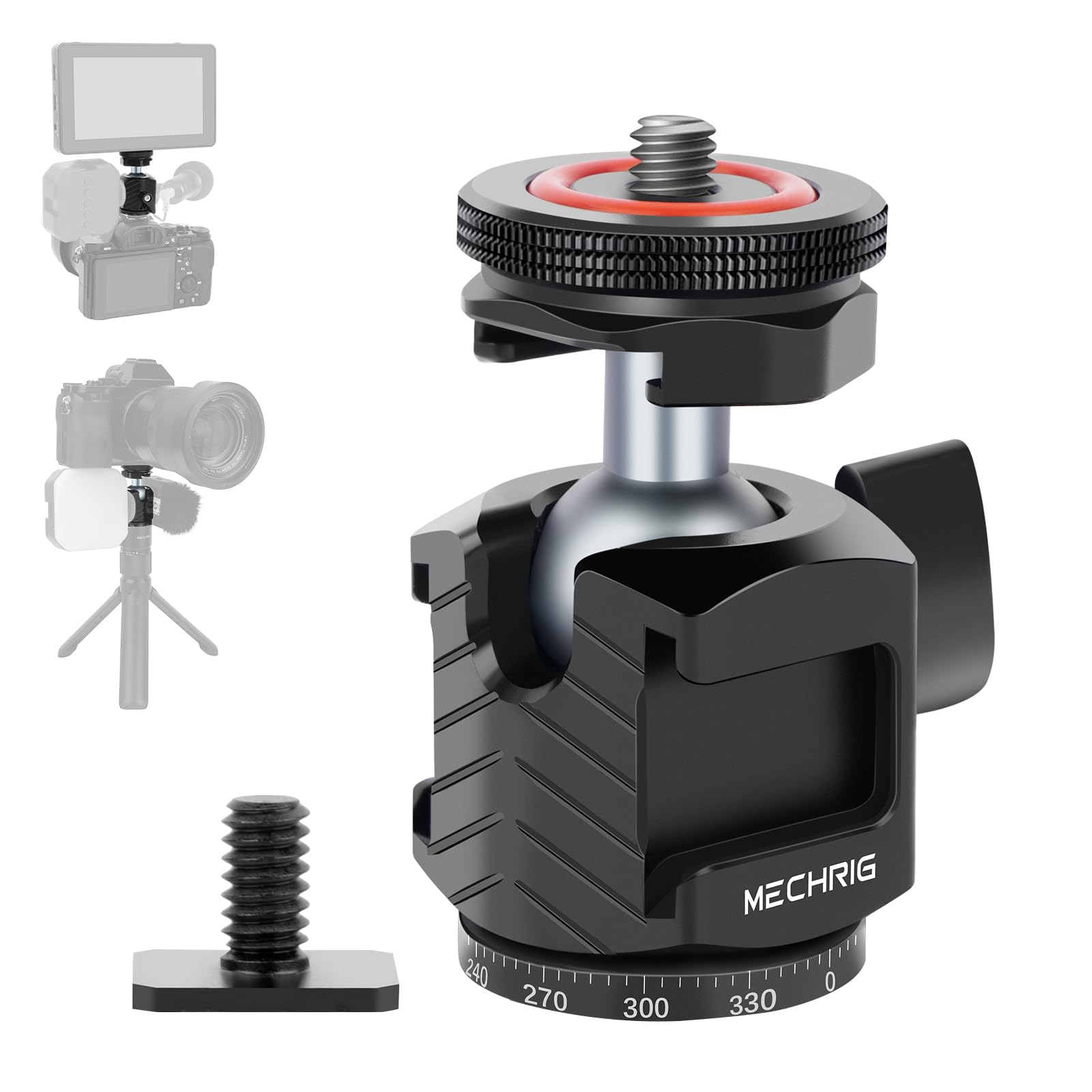 Mechrig Mini Ball Head Tripod Head With Triple Cold Shoe Mount, Aluminum Tripod Ball Head Mount For Dslr Action Camera/Smartphone/Led Light/Mic/Tripod/Monopod/Light Stand/Cage, Max Load 8.8Lb (62006)