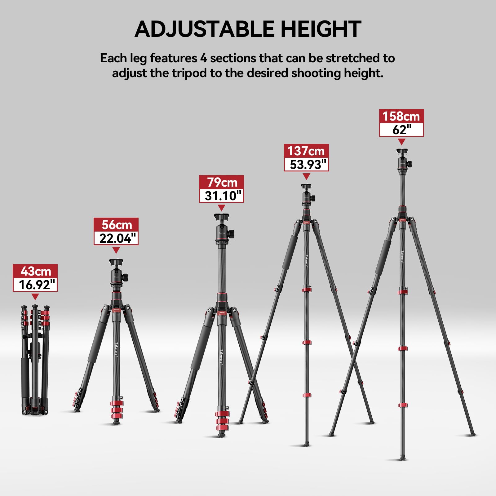 Takerers Carbon Fiber Tripod For Camera Dslr, 62''/158Cm Professional Camera Tripod Stand, Travel Portable Video Compact Stand For Sony Nikon Canon Dslr Etc,360° Mental Ball Head, Max Load 26.5Lb/12Kg